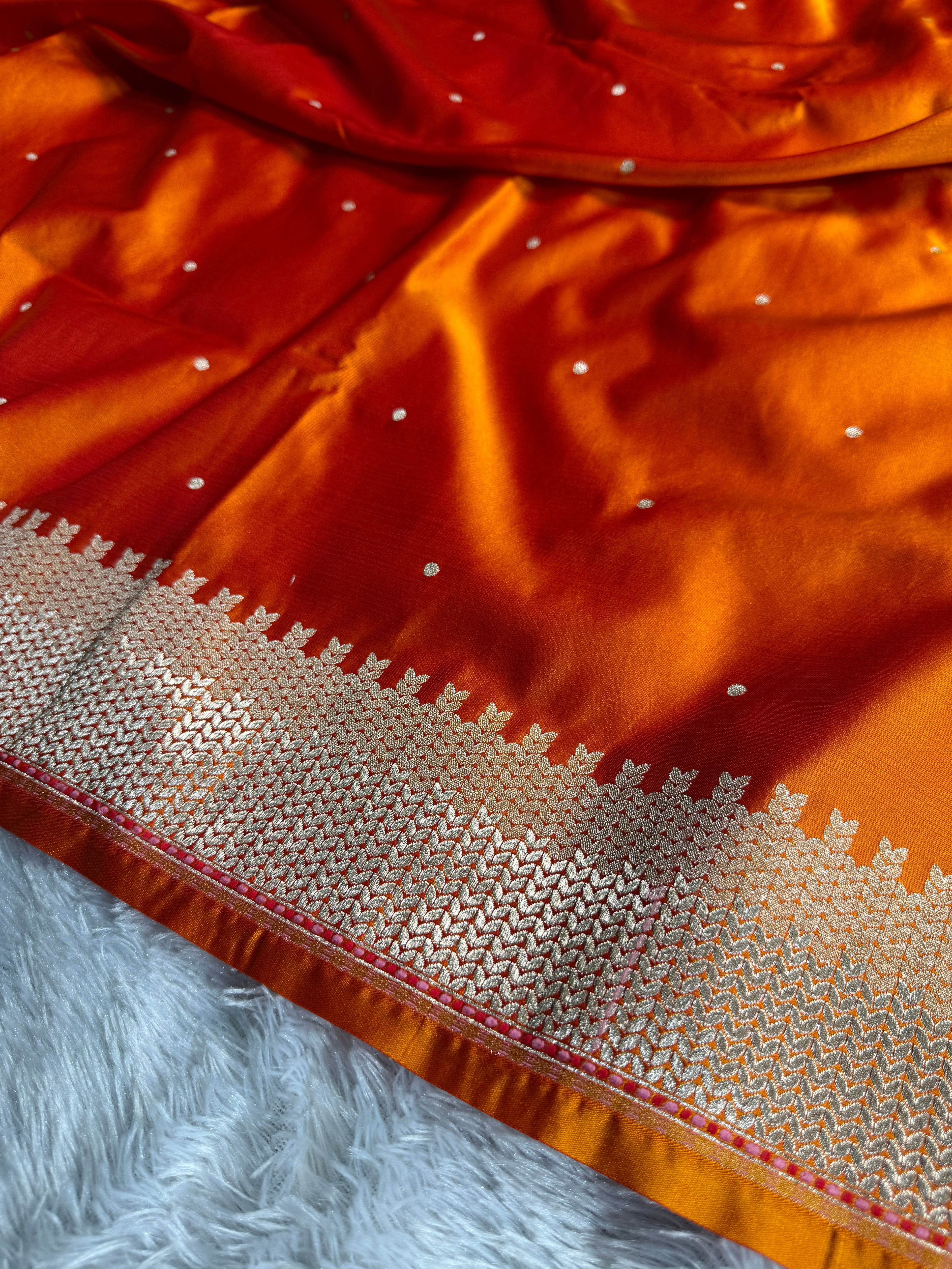 Orange Banarasi Mashru Kataan Silk Saree with Jacquard Woven Matar Buti Design & Rupa-Sona Zari MKS101