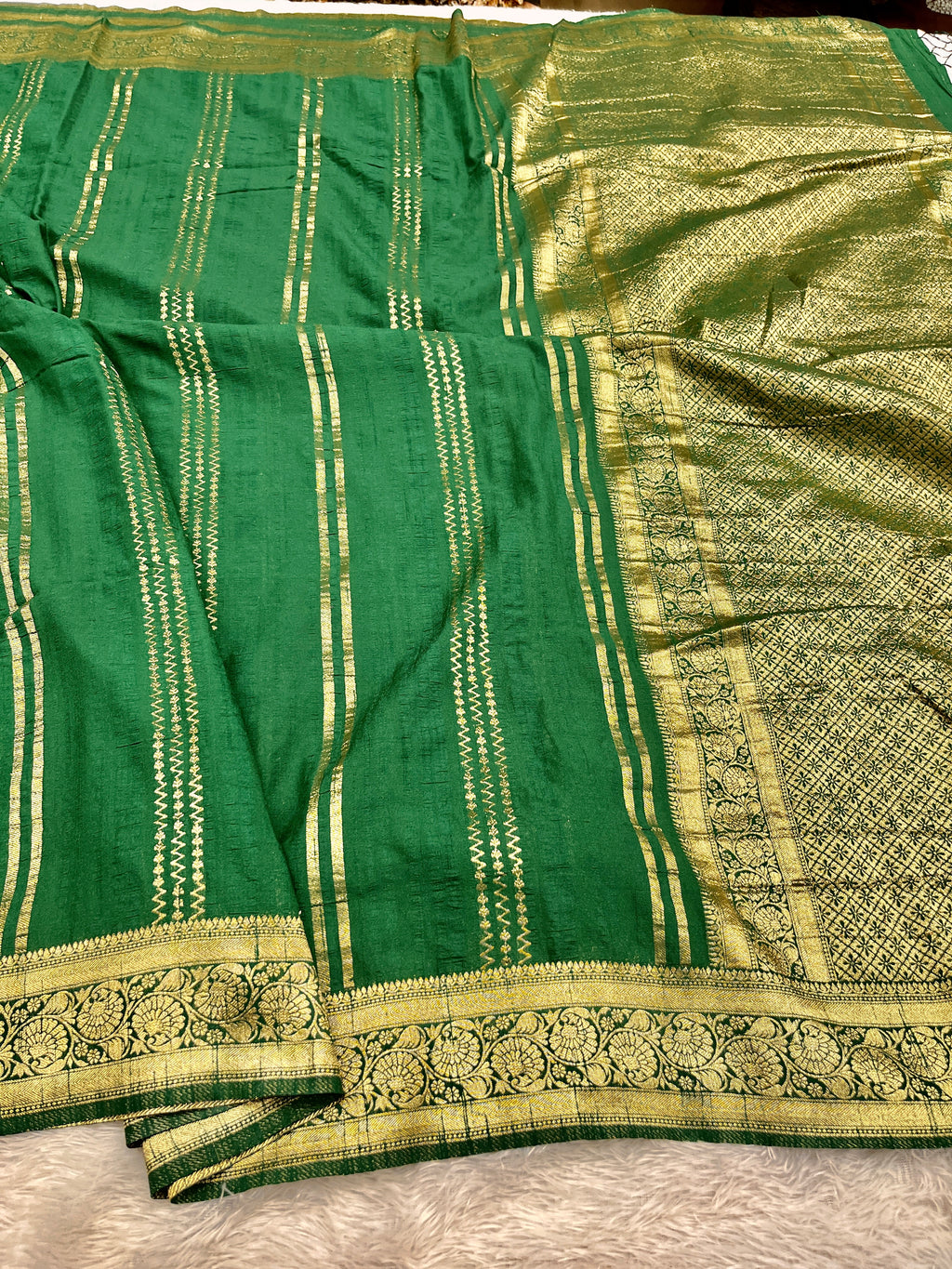 Raw Silk Zari Lining Green  color  Saree RS003