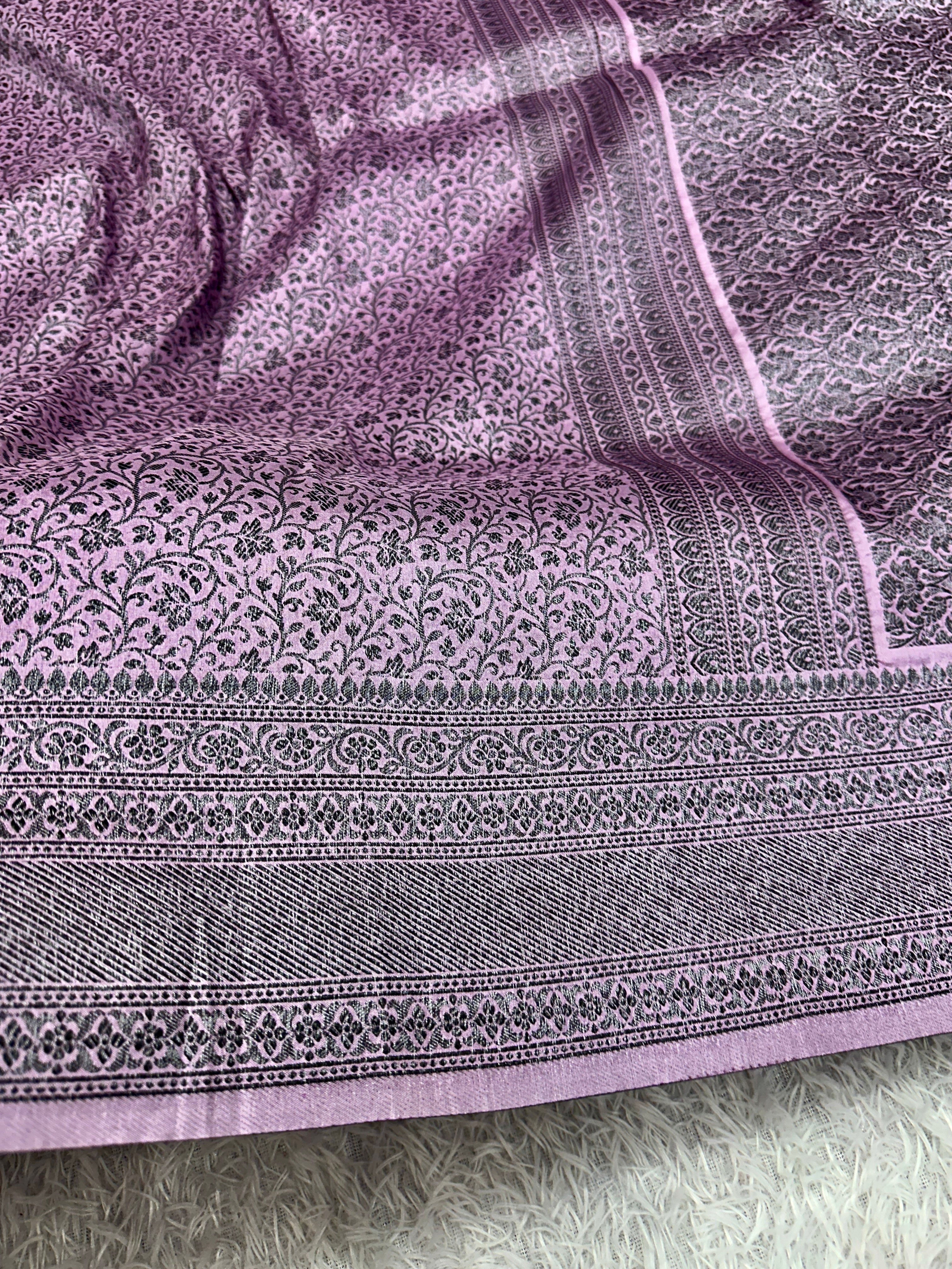 STF52 – Graceful Lavender Dupion Saree with All-Over Floral Woven Designs