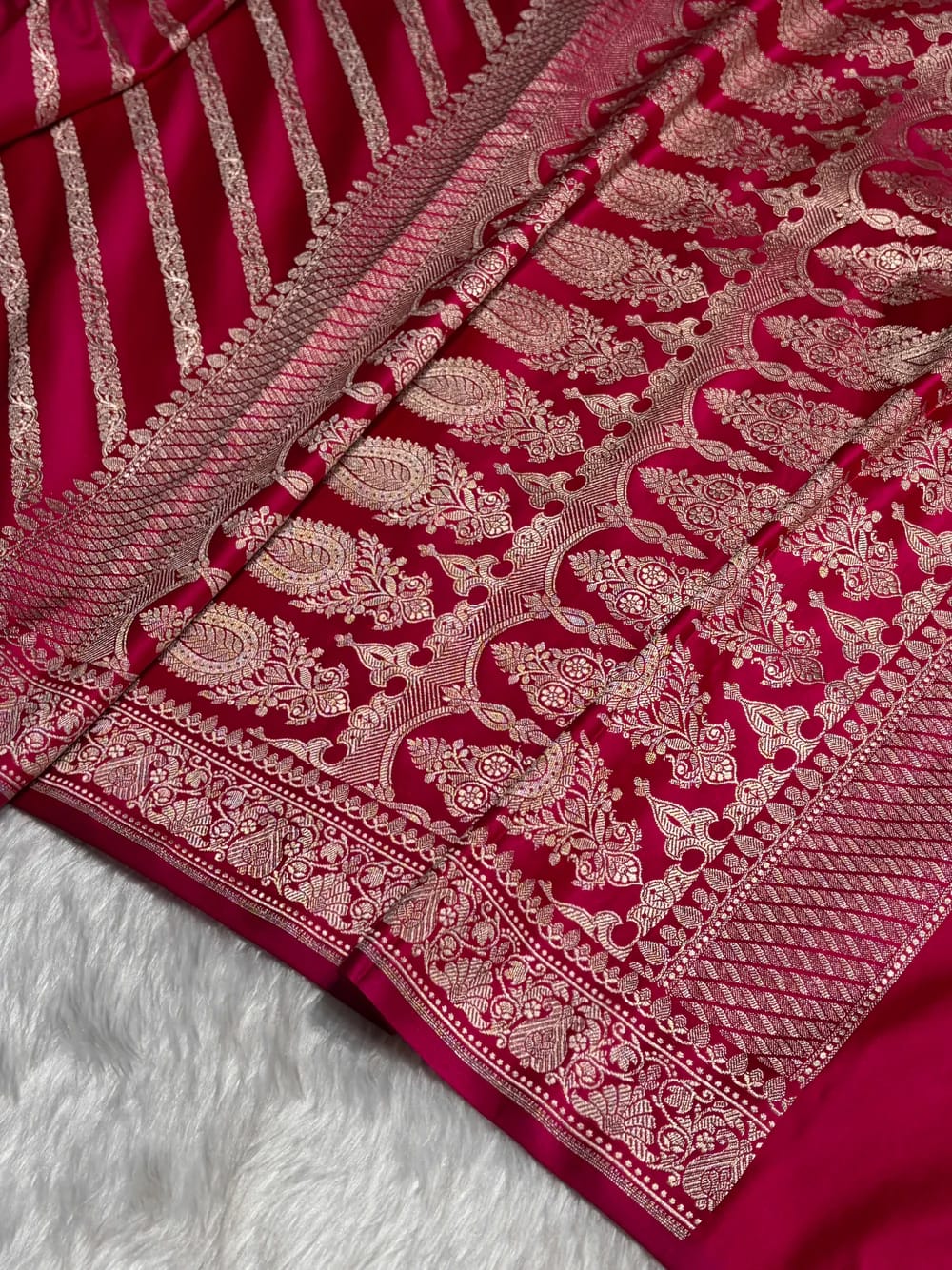 Banarasi Mashru Kataan Silk Saree Featuring Aaddha Zari Weave with Rich Zari Pallu – MKS413