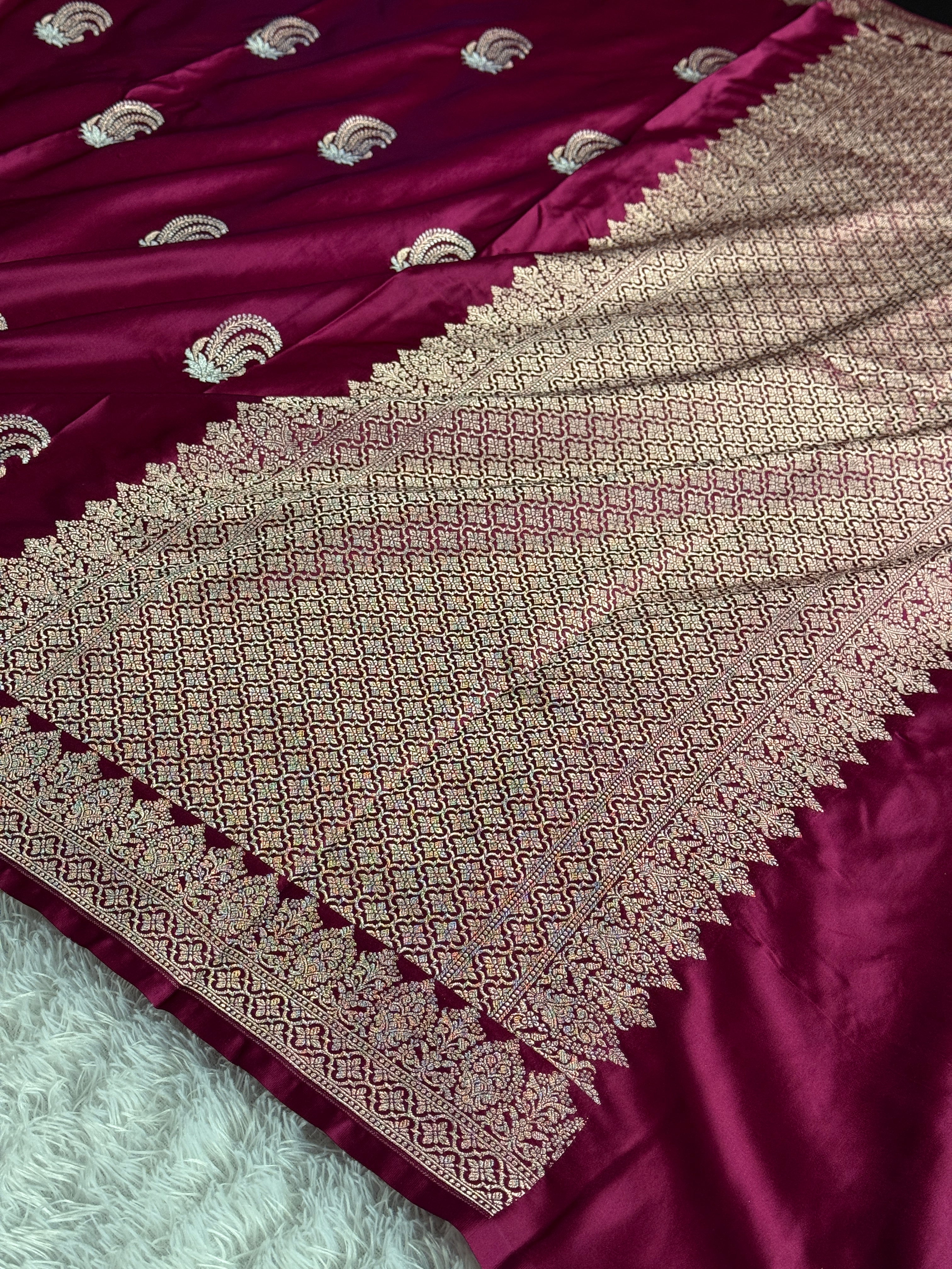Pink Magenta Mashru Kataan Silk Saree with Meenakari Buta & Rich Zari Woven Pallu | MKS699