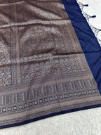 Navy Blue Banarasi Dupion Silk Saree with Embossed Antique Zari Weaving & Rich Antique Zari Pallu | STF87