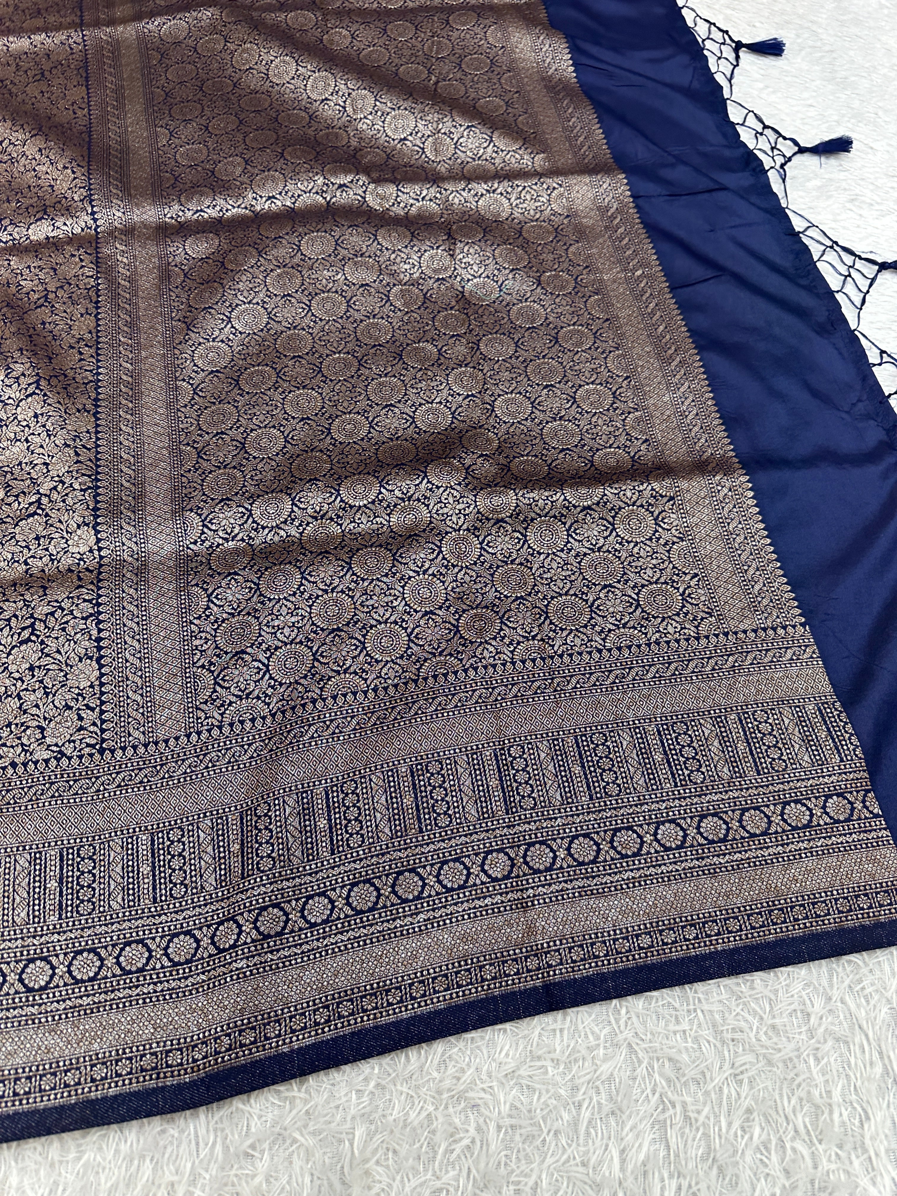 Navy Blue Banarasi Dupion Silk Saree with Embossed Antique Zari Weaving & Rich Antique Zari Pallu | STF87