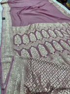 Pure Silk Georgette Burgundy & Light Pink Banarasi Saree with Nimzari Woven Border & Rich Zari Pallu PS154