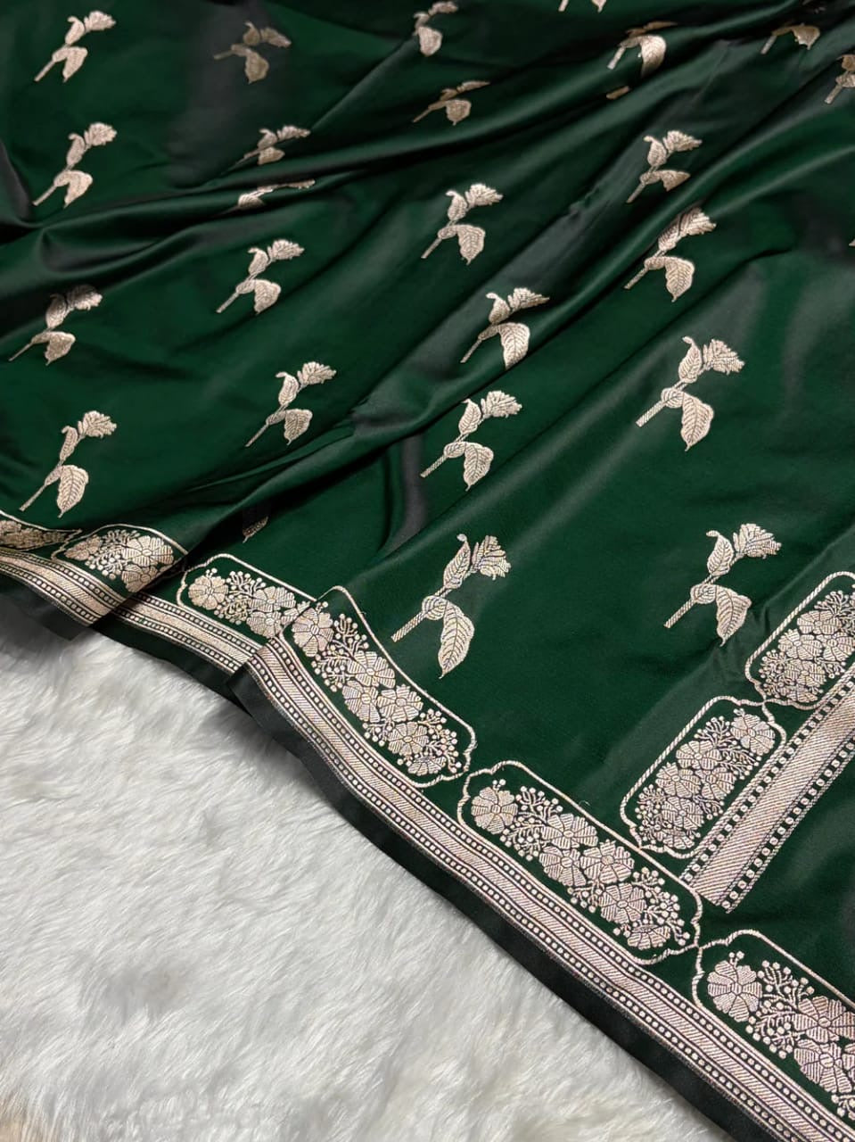 Banarasi Mashru Kataan Silk Saree Featuring Flower Buta Design with Ikkat Border and Zari Pallu – MKS409