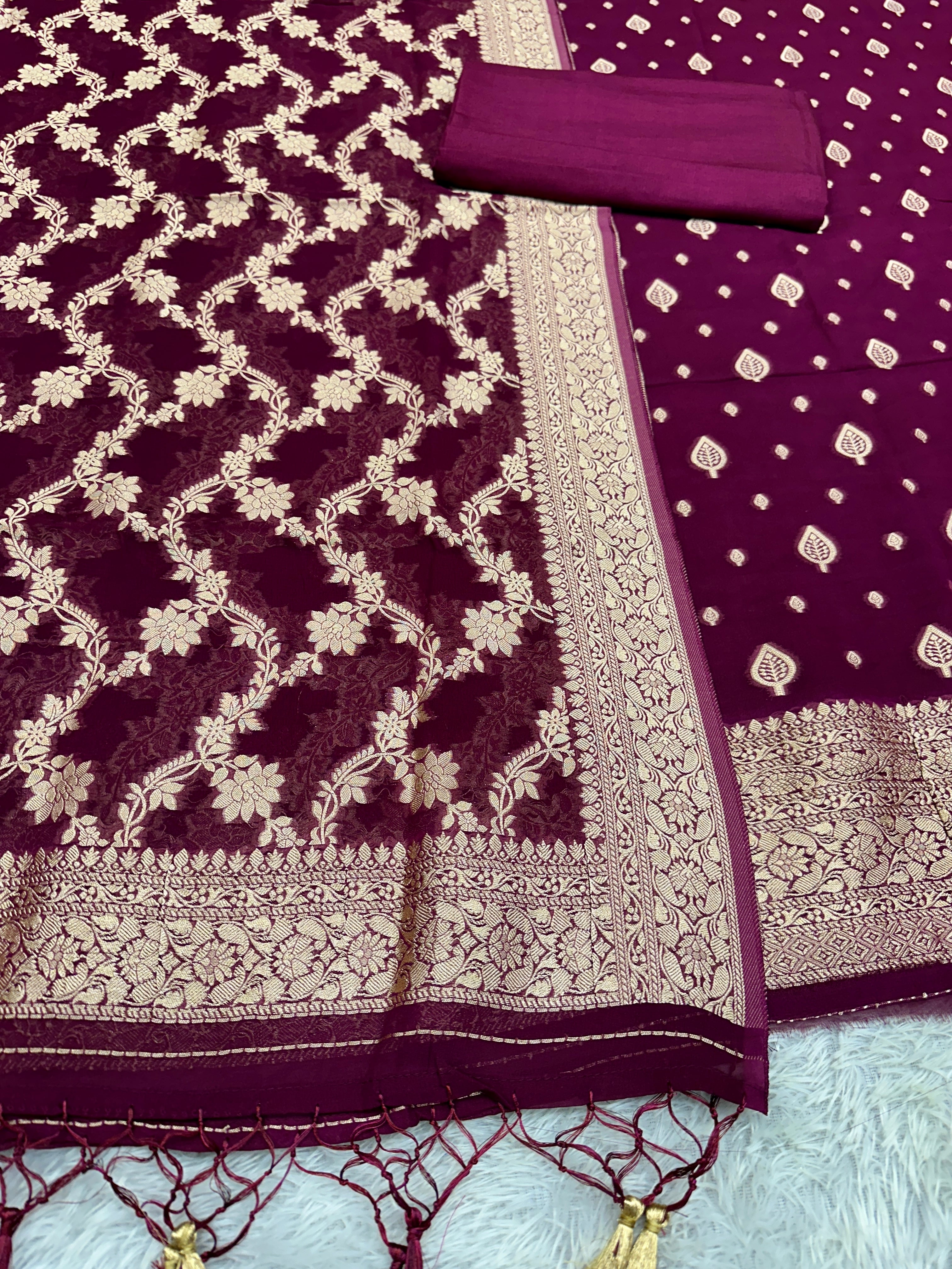 Banarasi Jacquard Zari Georgette Suit Dress – 3 Pc Set MSS24