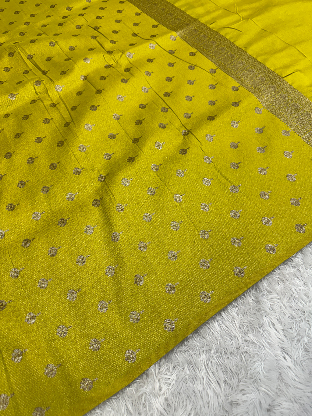 Lemon yellow Banarasi Dupion Silk Saree with Embossed Antique Zari Weaving & Rich Antique Zari Pallu | STF108