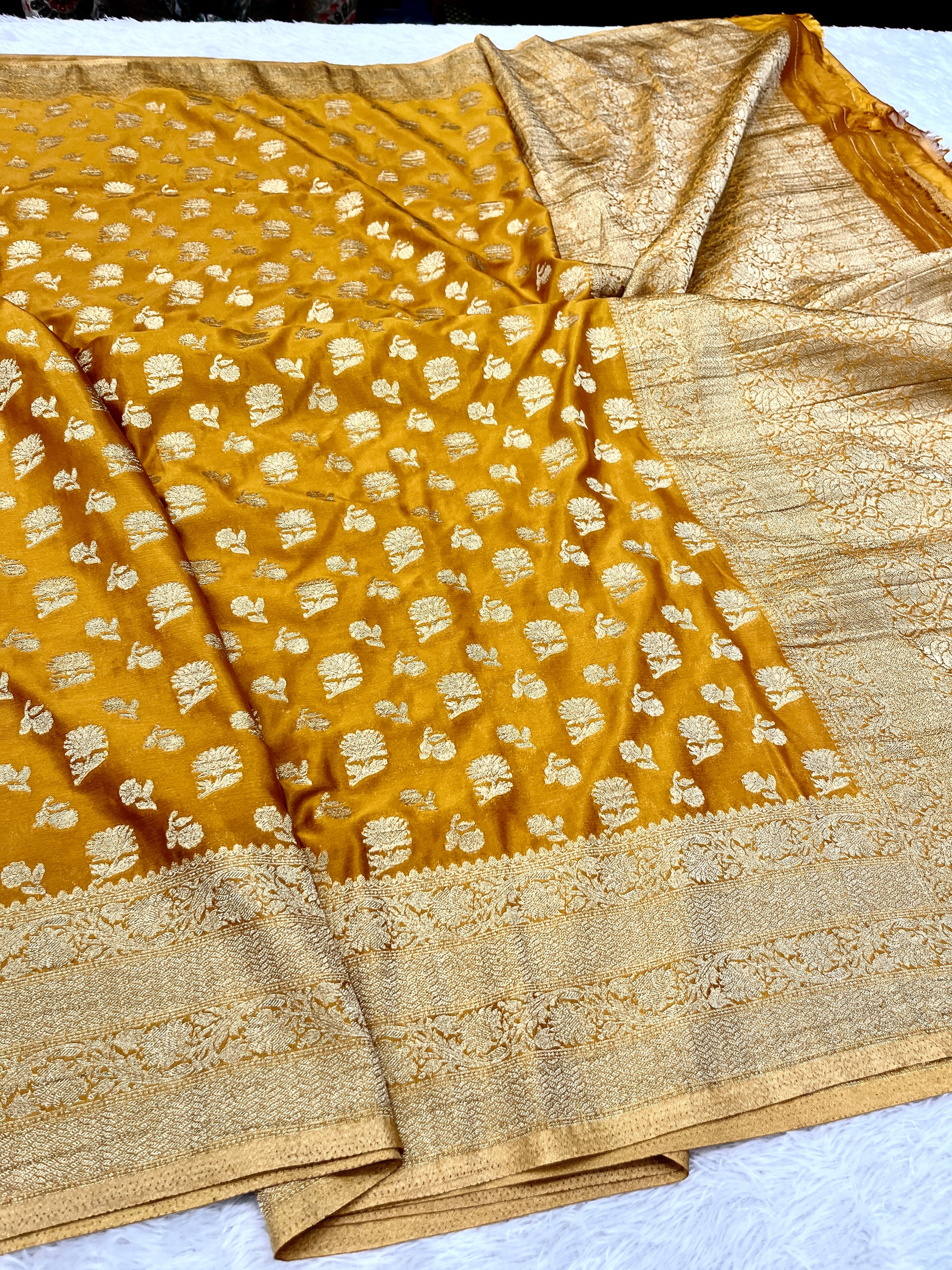 Chinon Silk Big small Buta  Design Mustard Color Saree CN06