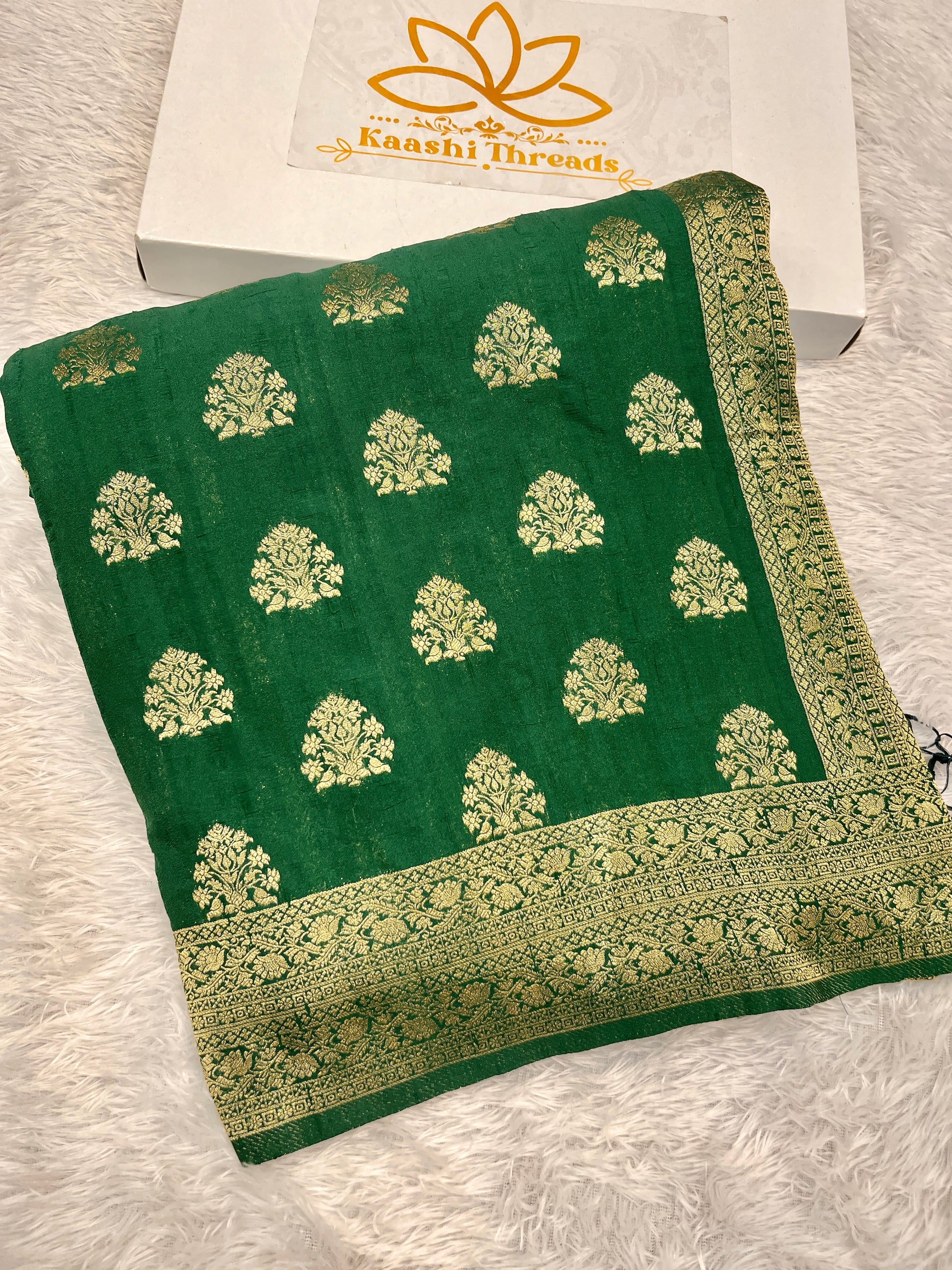Raw Silk Zari Buta Green color Saree RS002