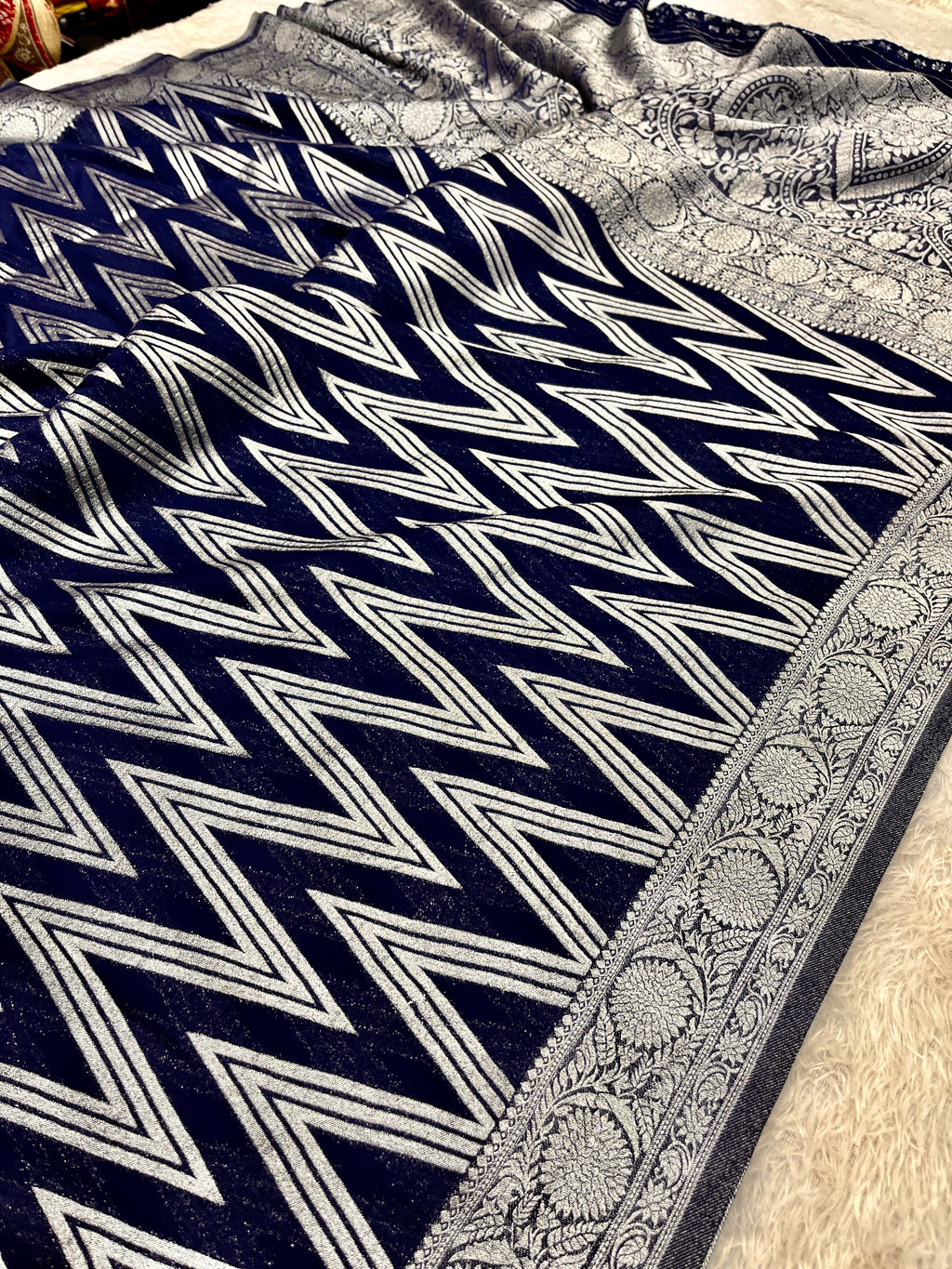 Chinon Silk Zig Zag Design Navy blue Color Saree CN09