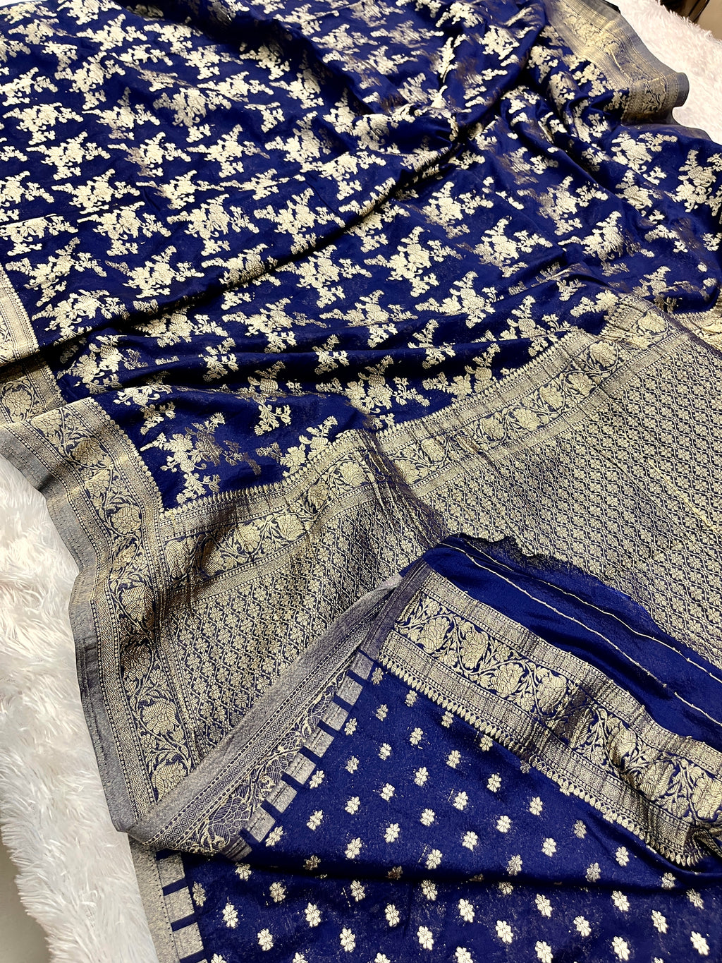 Chinon Silk Flower Design Navy Blue Color Saree CN04