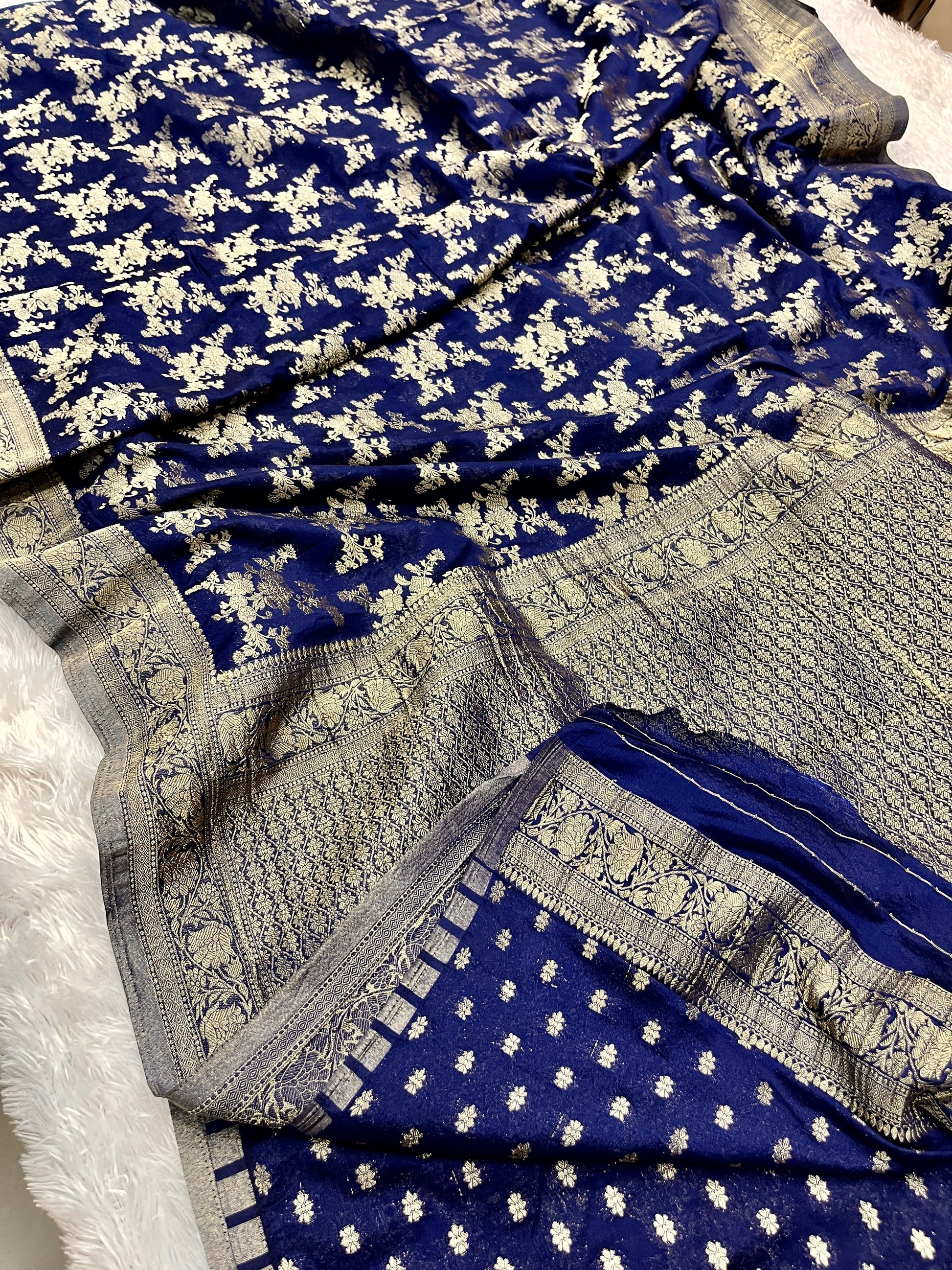 Chinon Silk Flower Design Navy Blue Color Saree CN04