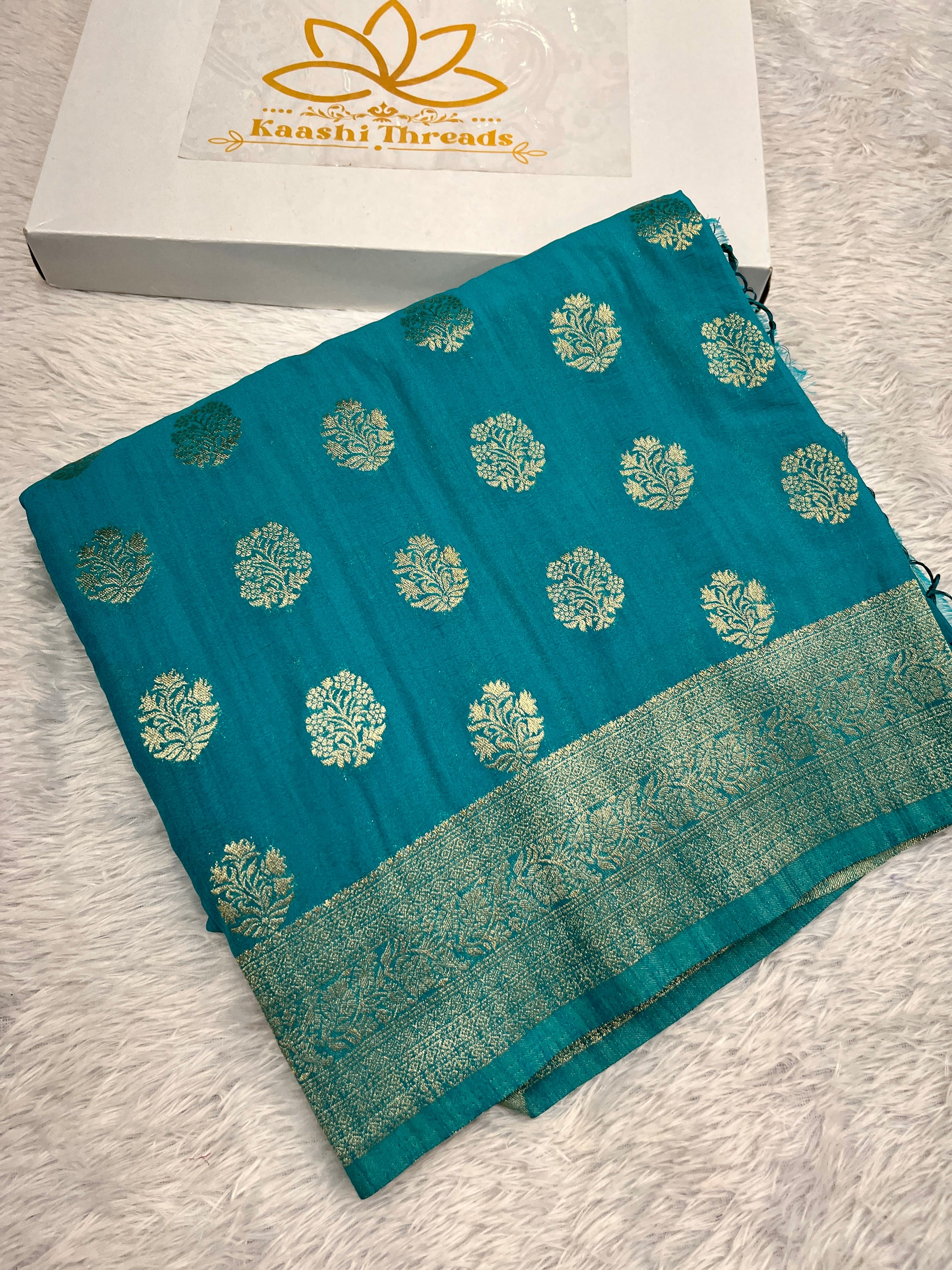 Raw Silk Zari Butaa  Sea blue color  Saree RS004