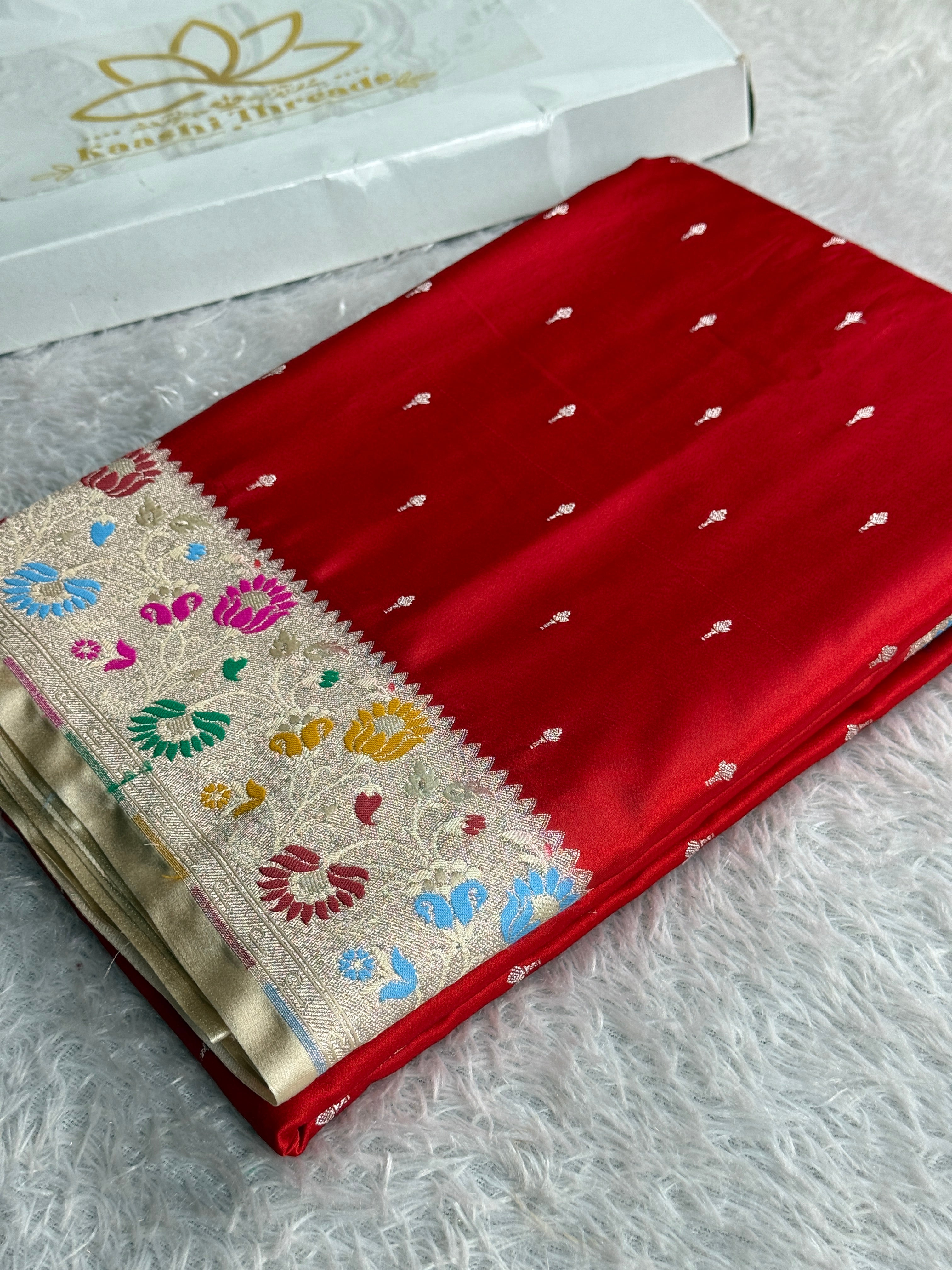 Red Cream Contrast Paithani Mashru Kataan Silk Saree – MKS654