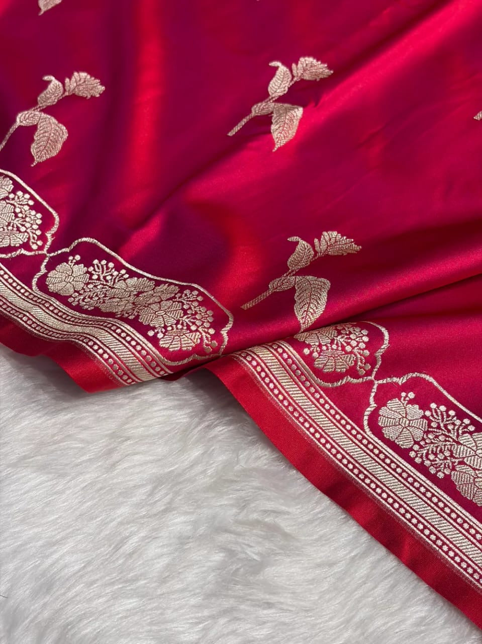 Banarasi Mashru Kataan Silk Saree Featuring Flower Buta Design with Ikkat Border and Zari Pallu – MKS409