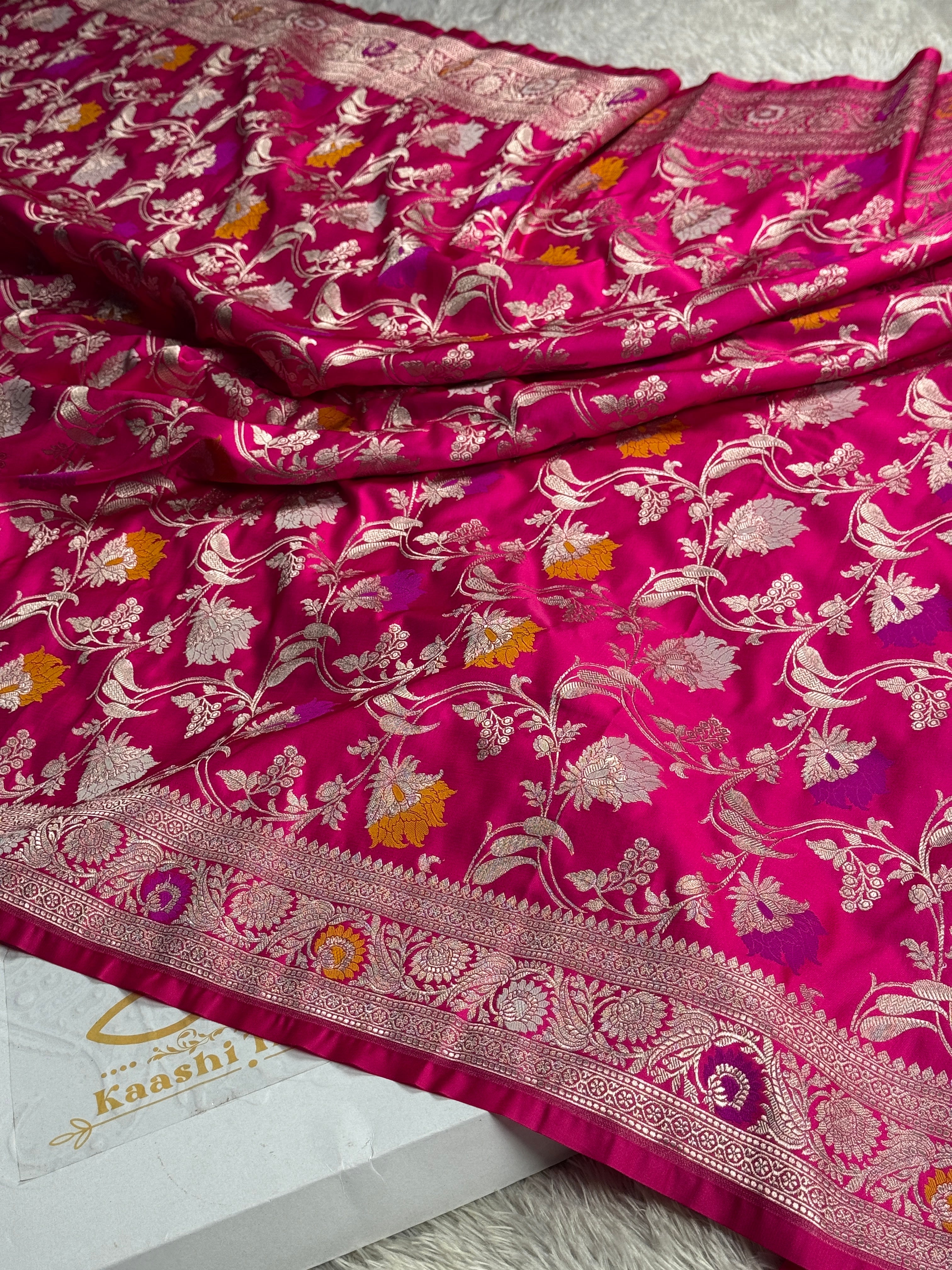 Dark Pink Banarasi Mashru Silk Saree with Jaal Woven Meenakari Work & Scalloped Border MKS167