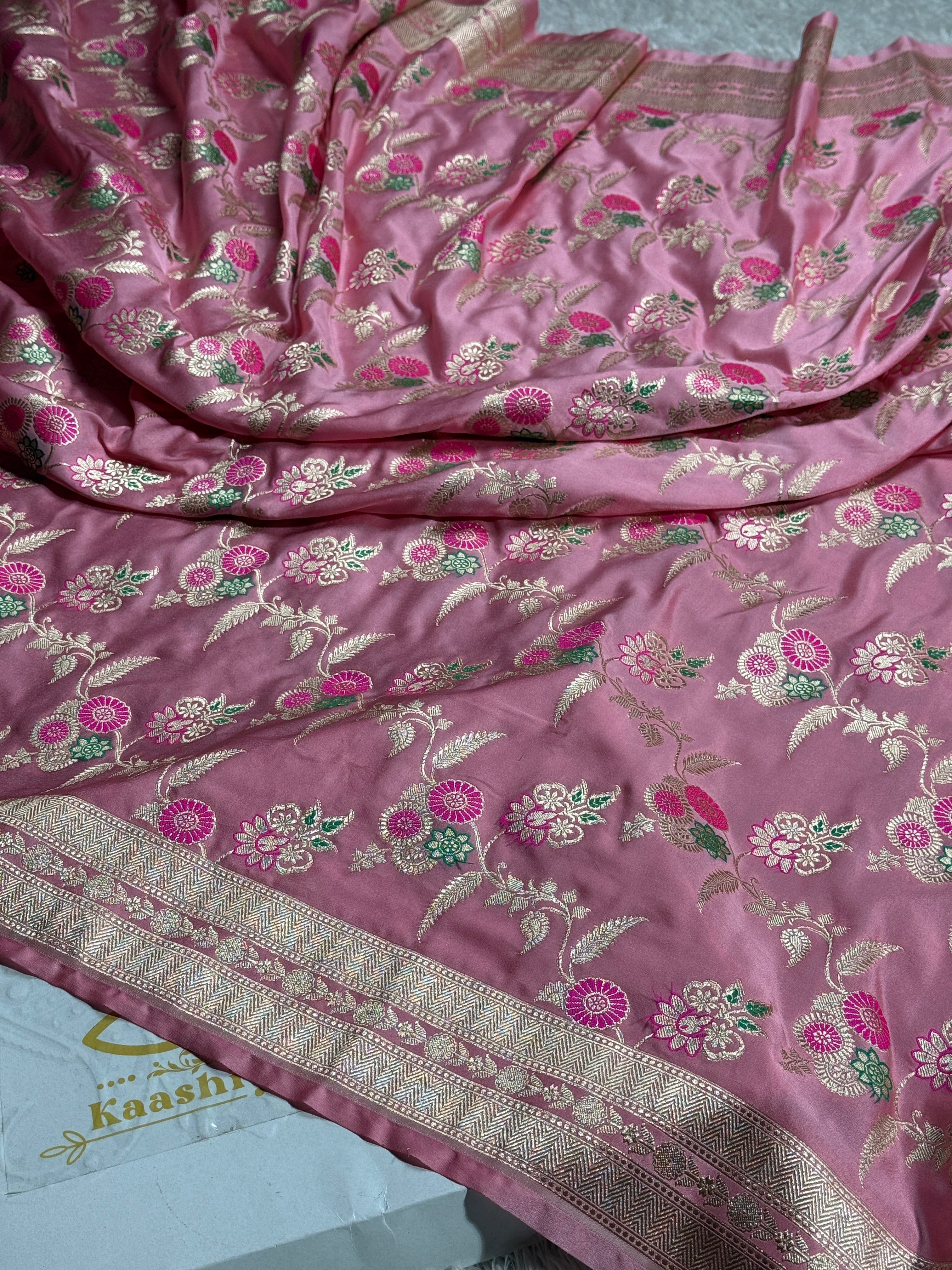 Pink Premium Banarasi Mashru Silk Saree with Jaal Meena Woven Pattern MKS154