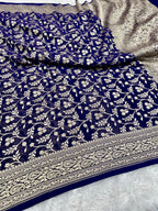 Pure Natural Silk Khaddi Georgette Saree – Blue | Jaal Woven Design VSG11
