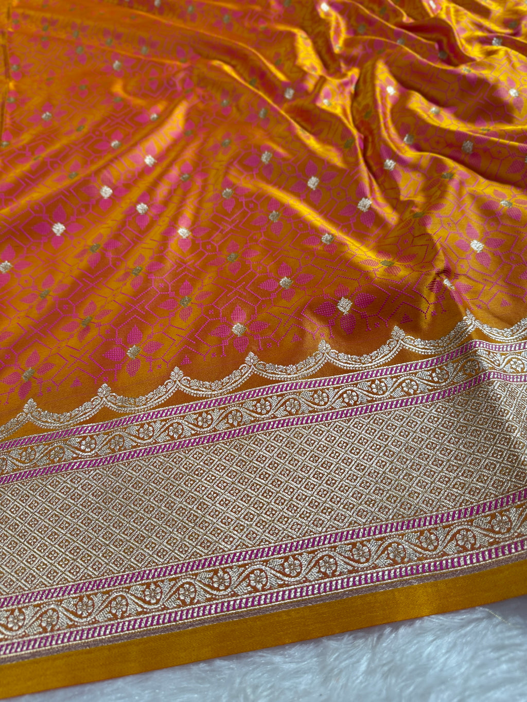 Gold Yellow Banarasi Mashru Silk Saree with Tanchoi Meena Woven Pattern & Fancy Jacquard Border MKS106