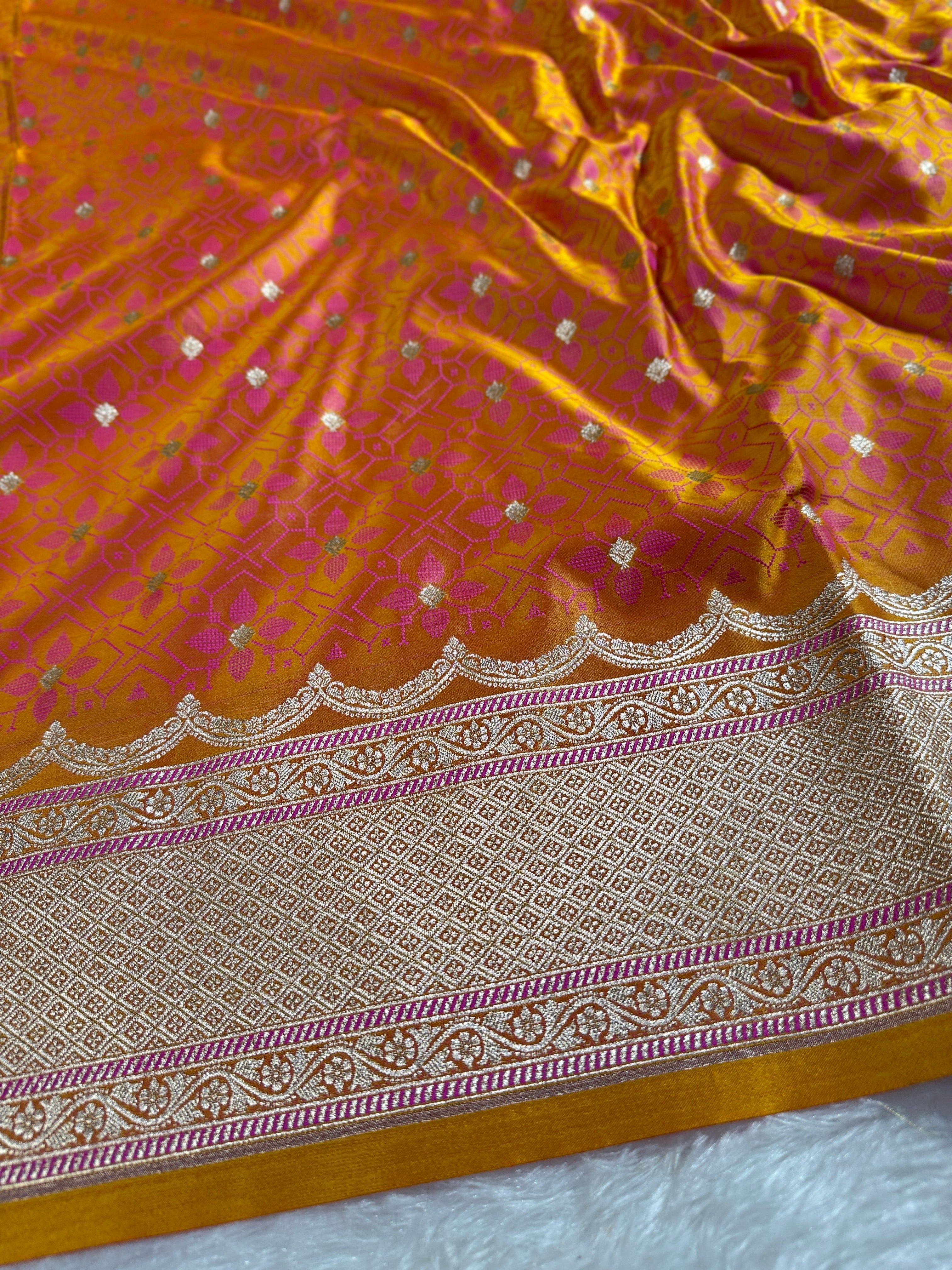 Gold Yellow Banarasi Mashru Silk Saree with Tanchoi Meena Woven Pattern & Fancy Jacquard Border MKS106