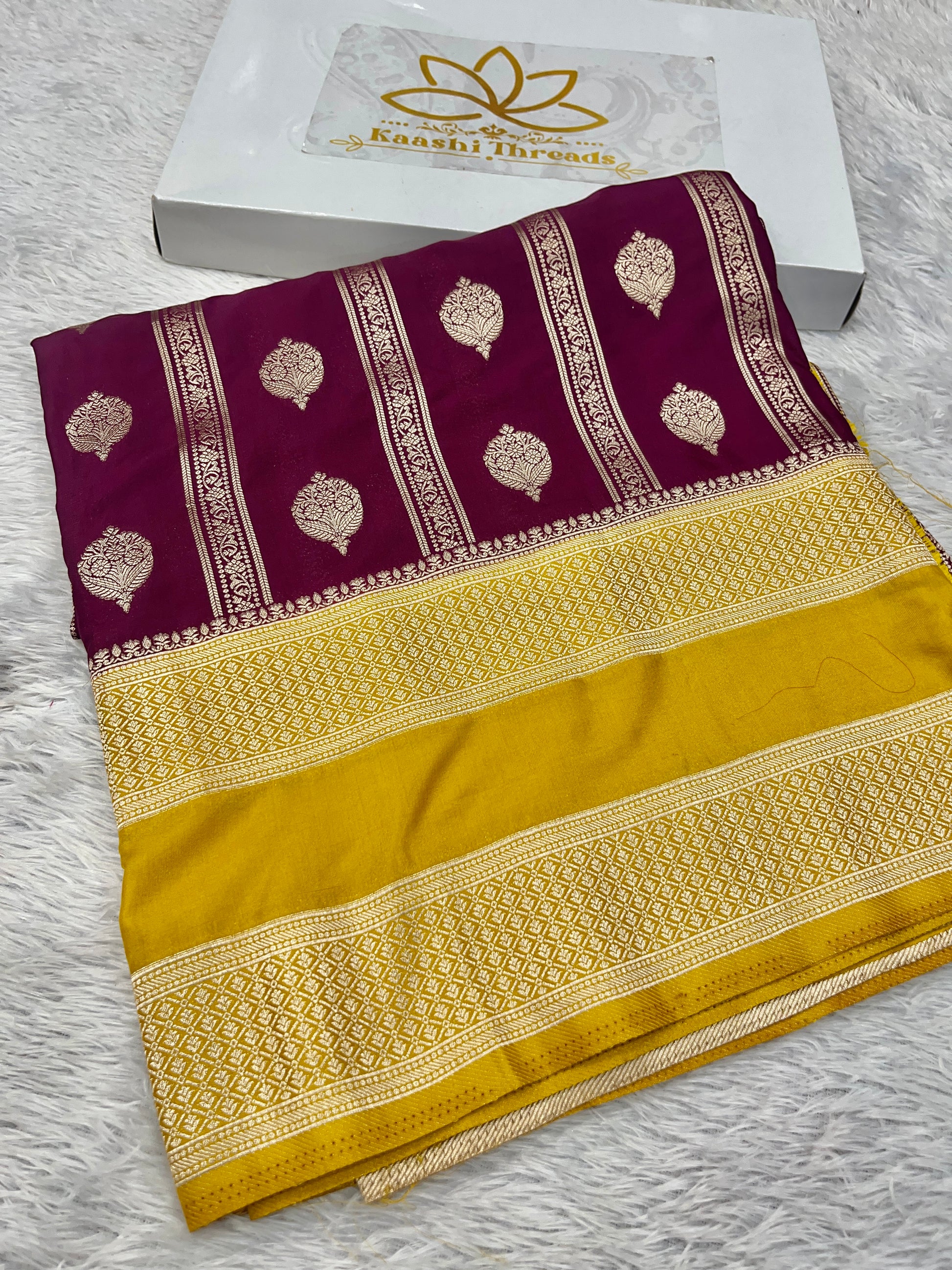 Chinon Silk Horizontal Buta Design Wine with Yellow  Saree CN09