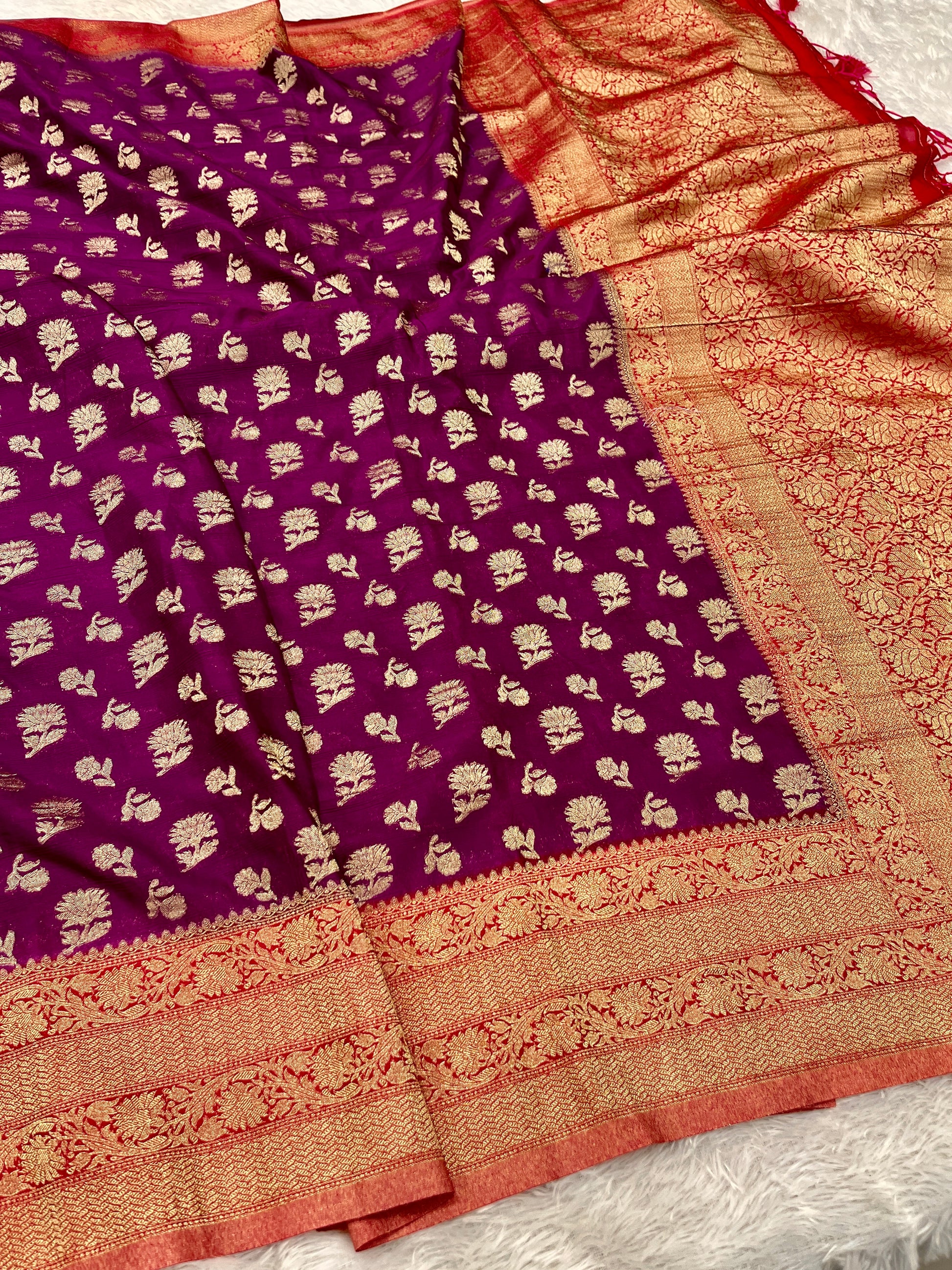 Chinon Silk Big small Buta  Design Magenta with Red Color Saree CN06