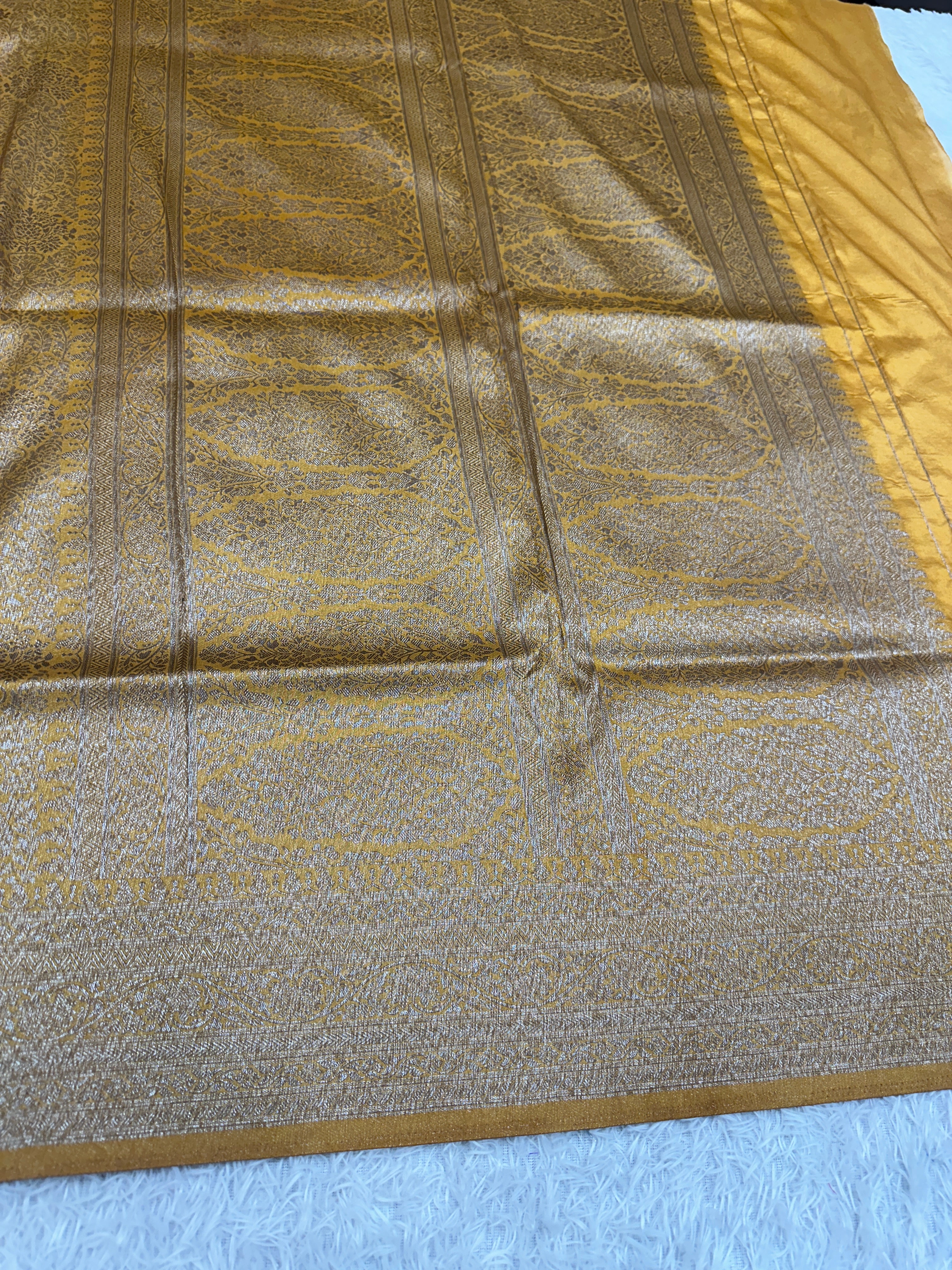 Mustard Yeallow Banarasi Dupion Silk Saree with Embossed Antique Zari Weaving & Rich Antique Zari Pallu | STF73