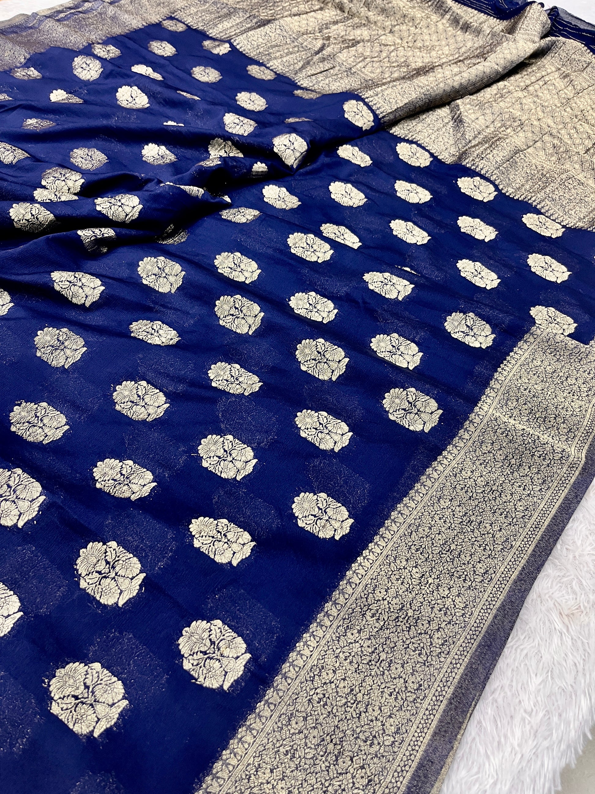 Chinon Silk Royal Buta   Design Navy blue  Saree CN08