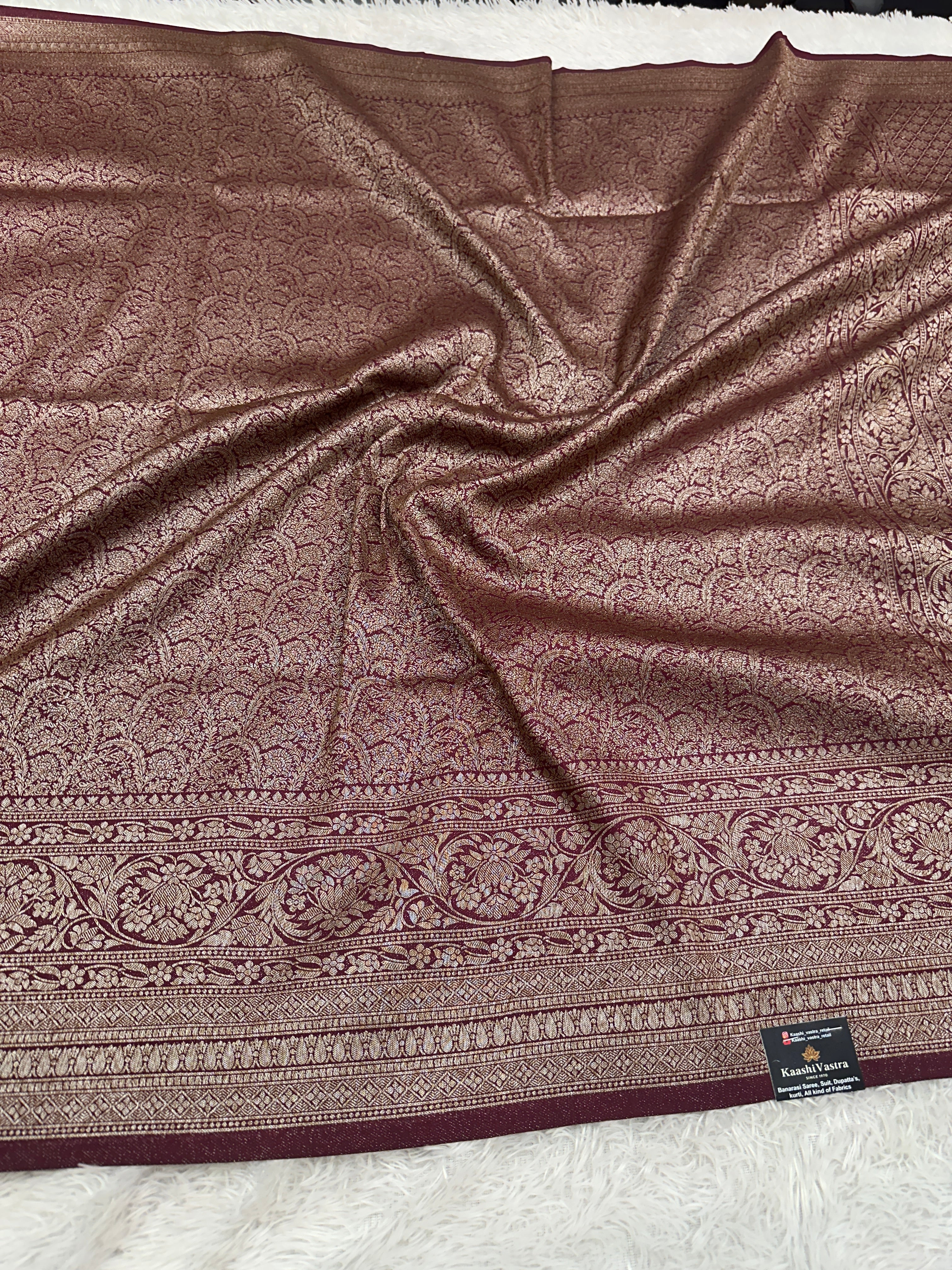 Wine Banarasi Dupion Silk Saree with Embossed Antique Zari Weaving & Rich Antique Zari Pallu | STF65