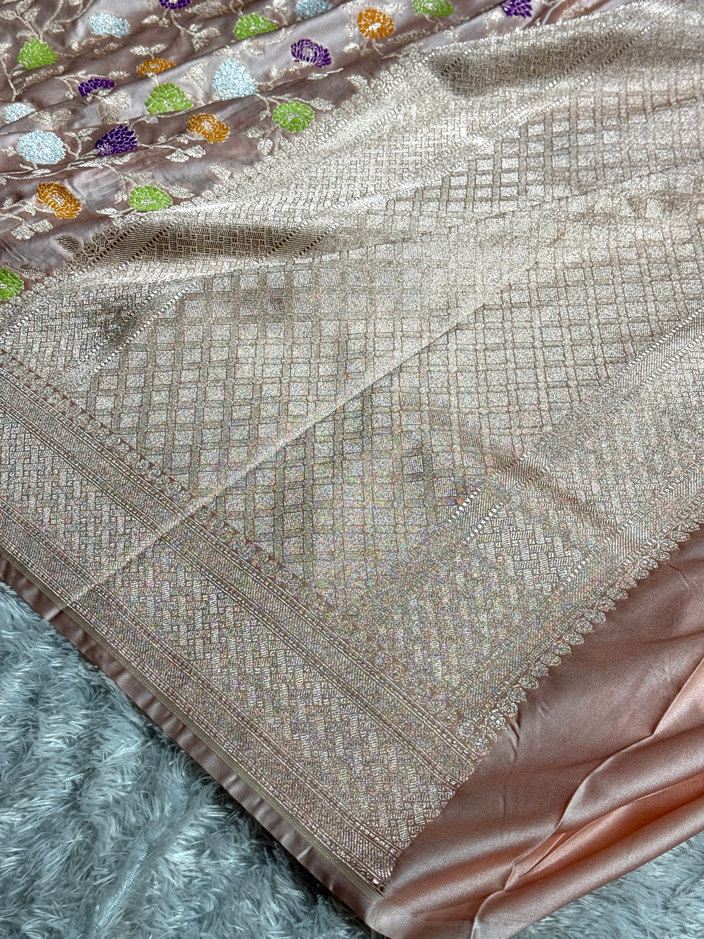 Blush Peach Mashru Kataan Silk Saree with Jaal Meenakari Weaving & Rich Zari Pallu – MKS517