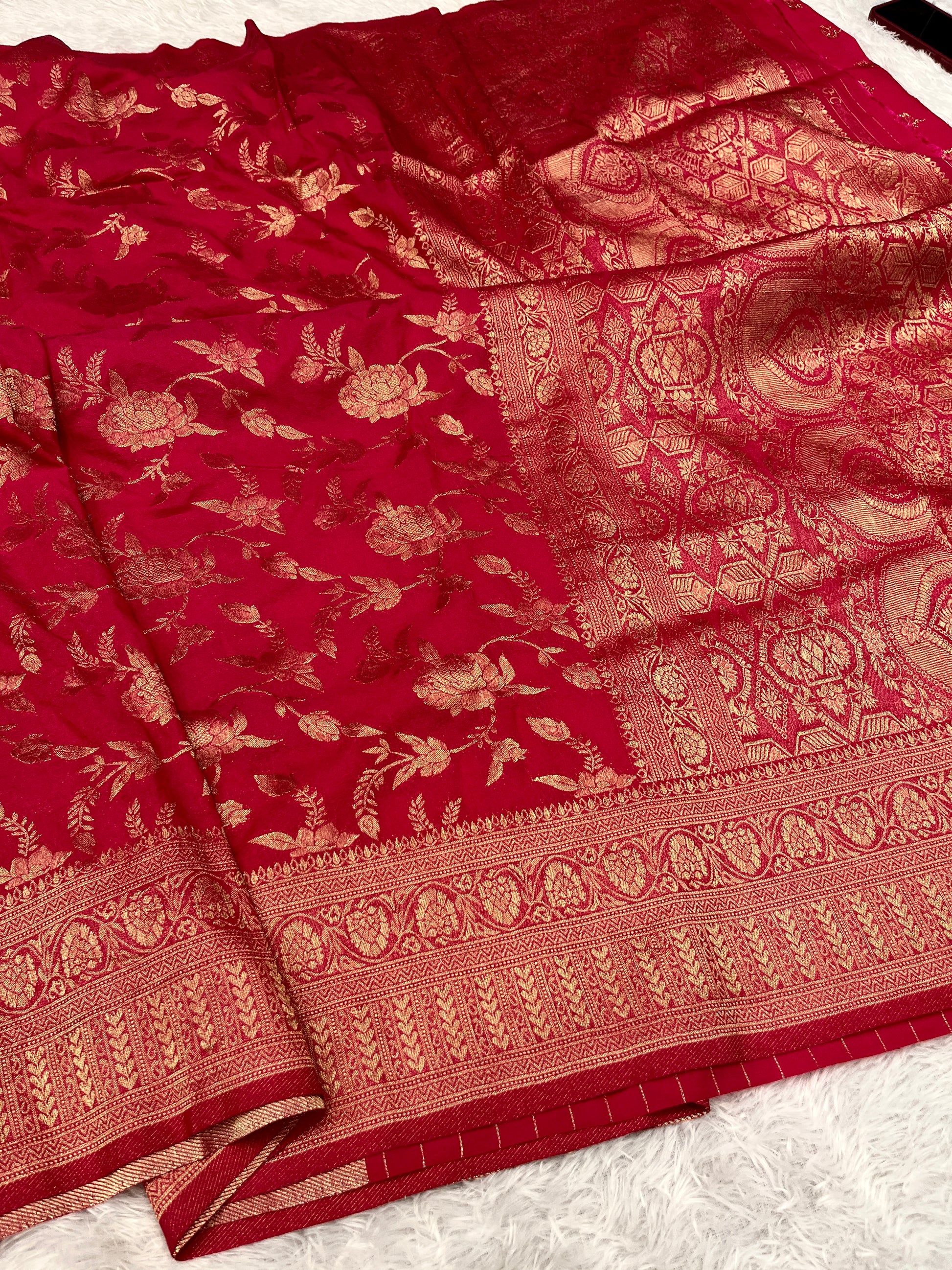 Chinon Silk Jaal Design Rani Color Saree CN03
