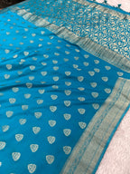 Chinon Silk Buta Zari Firozi Color Saree CN01