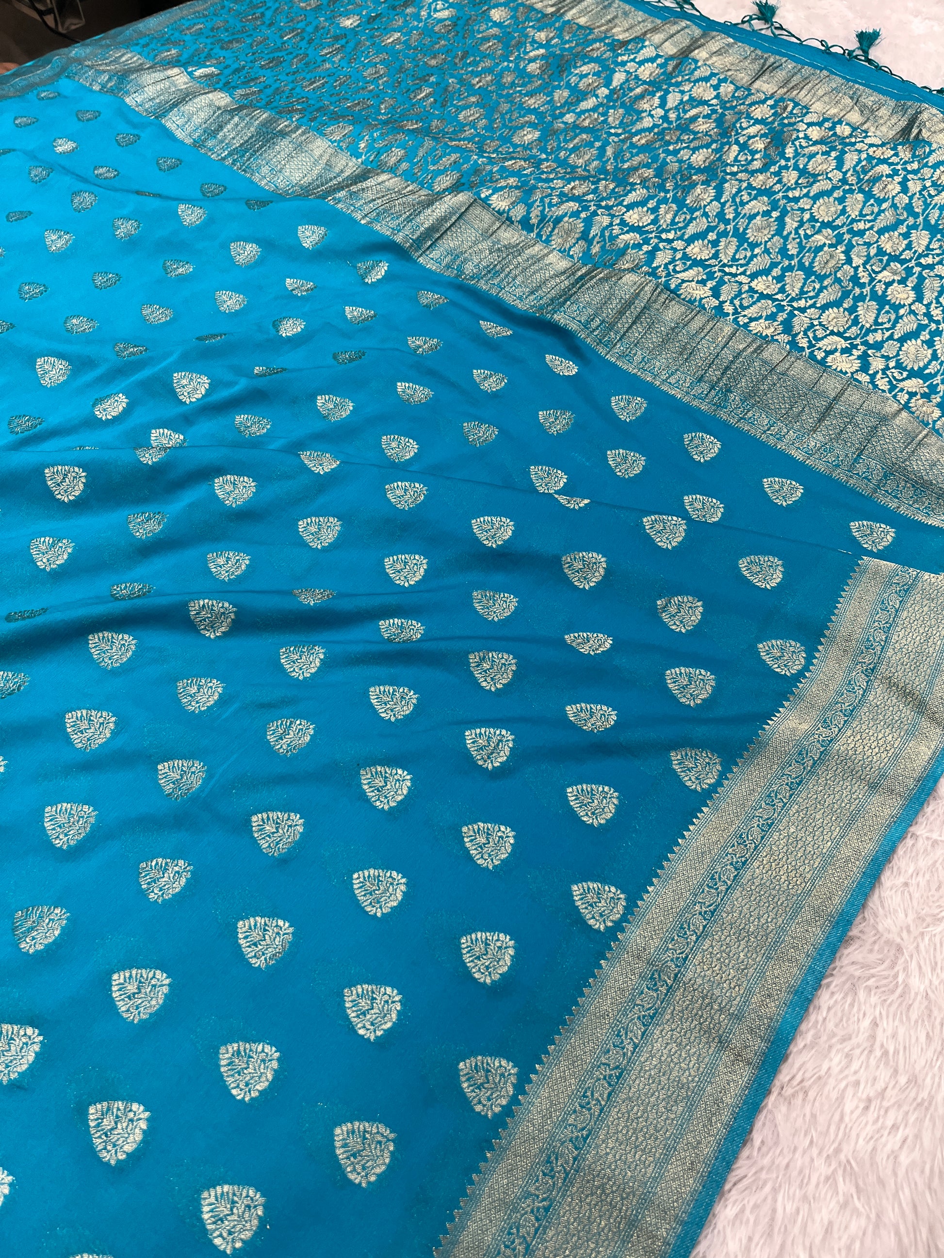 Chinon Silk Buta Zari Firozi Color Saree CN01