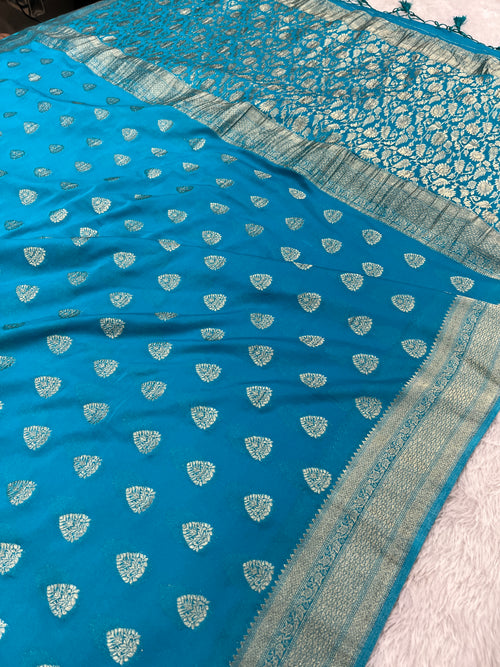 Chinon Silk Buta Zari Firozi Color Saree CN01