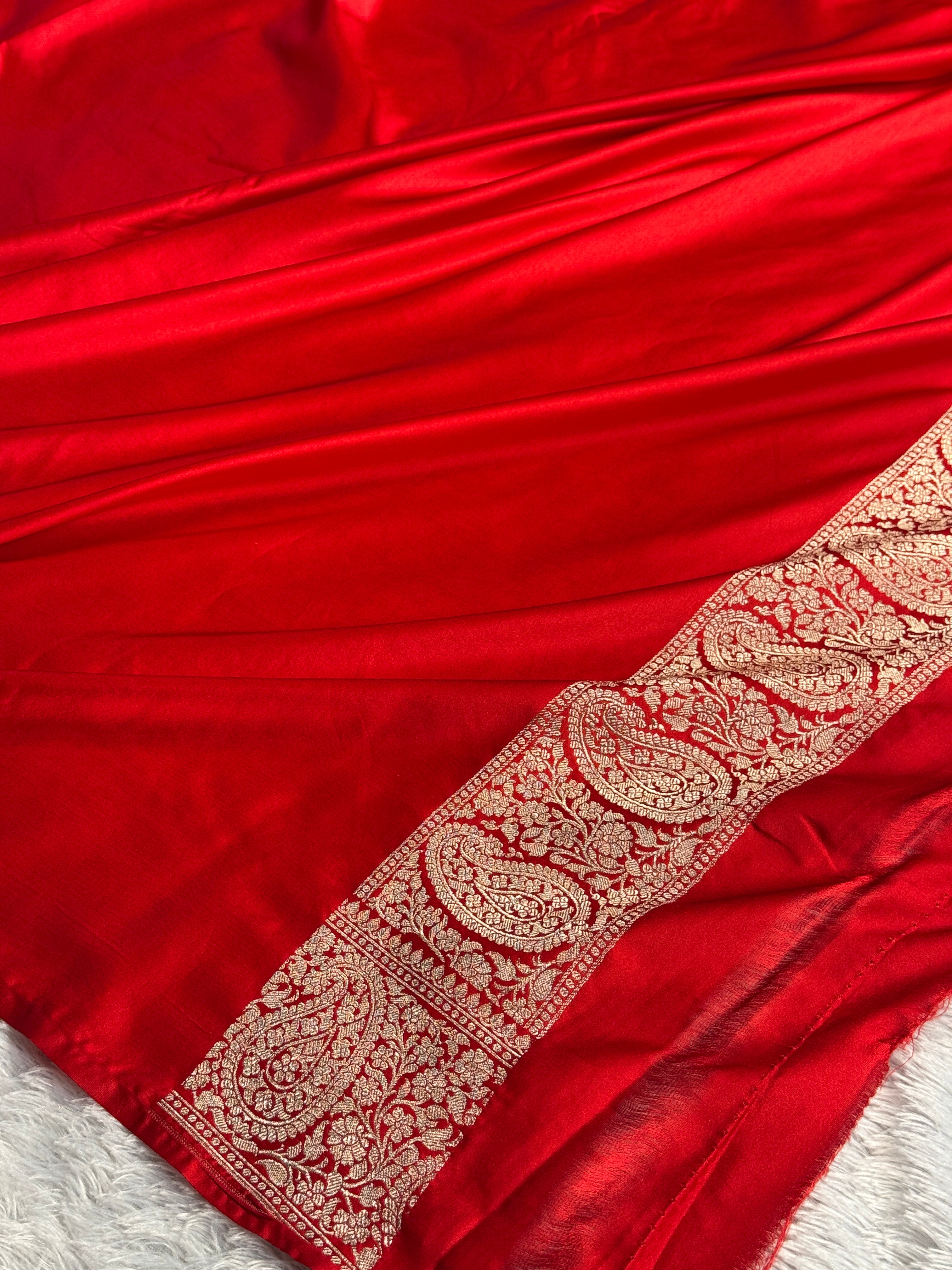 Red Mashru Kataan Silk Saree with All Over Buta Woven Design & Rich Zari Pallu | MKS698