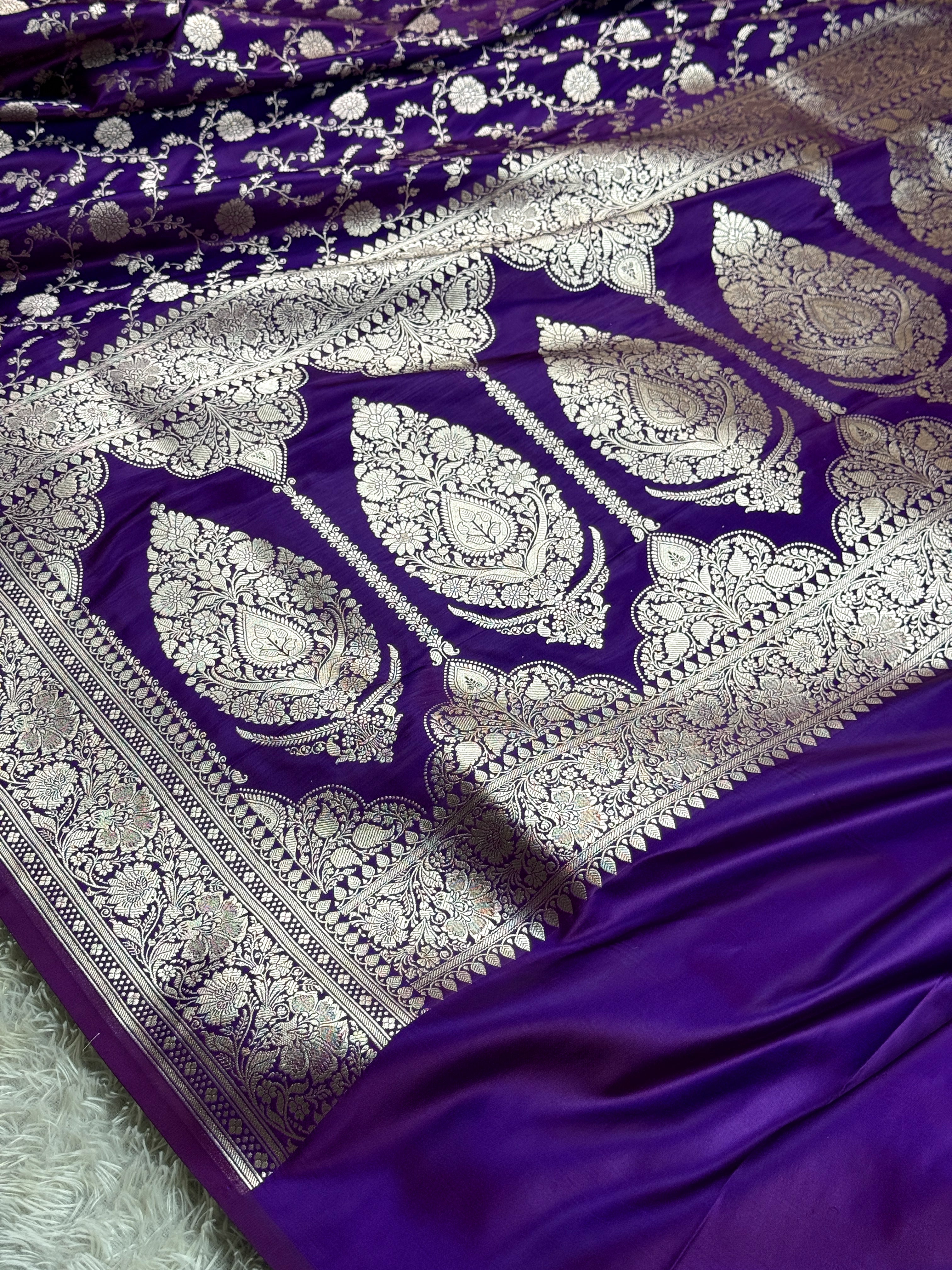 Royal Purple Jangla Woven Mashru Kataan Silk Banarasi Saree with Rich Jacquard Pallu – MKS502