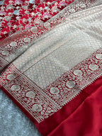 Cherish Red Mashru Kataan Silk Saree with Rangkaat Jaal Weaving & Silver Zari Meenakari Work | Rich Zari Pallu | MKS622