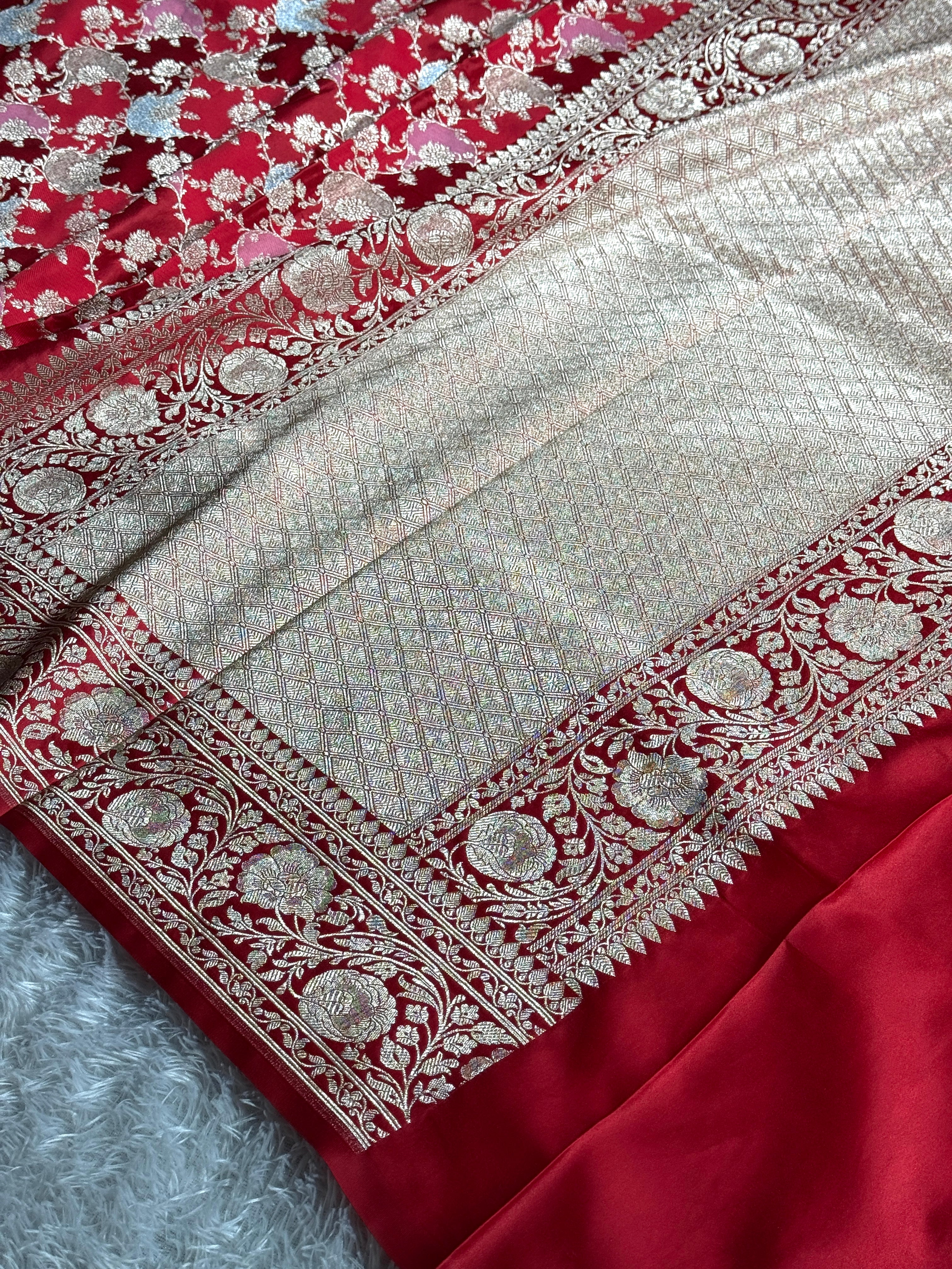 Cherish Red Mashru Kataan Silk Saree with Rangkaat Jaal Weaving & Silver Zari Meenakari Work | Rich Zari Pallu | MKS622