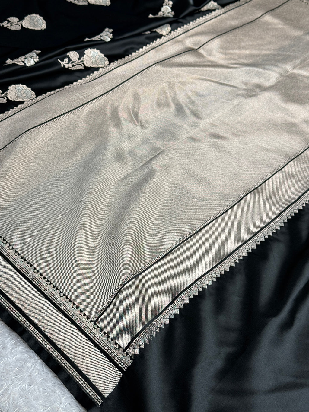Black Mashru Kataan Silk Banarasi Saree with Silver Meena Weaving | MKS723