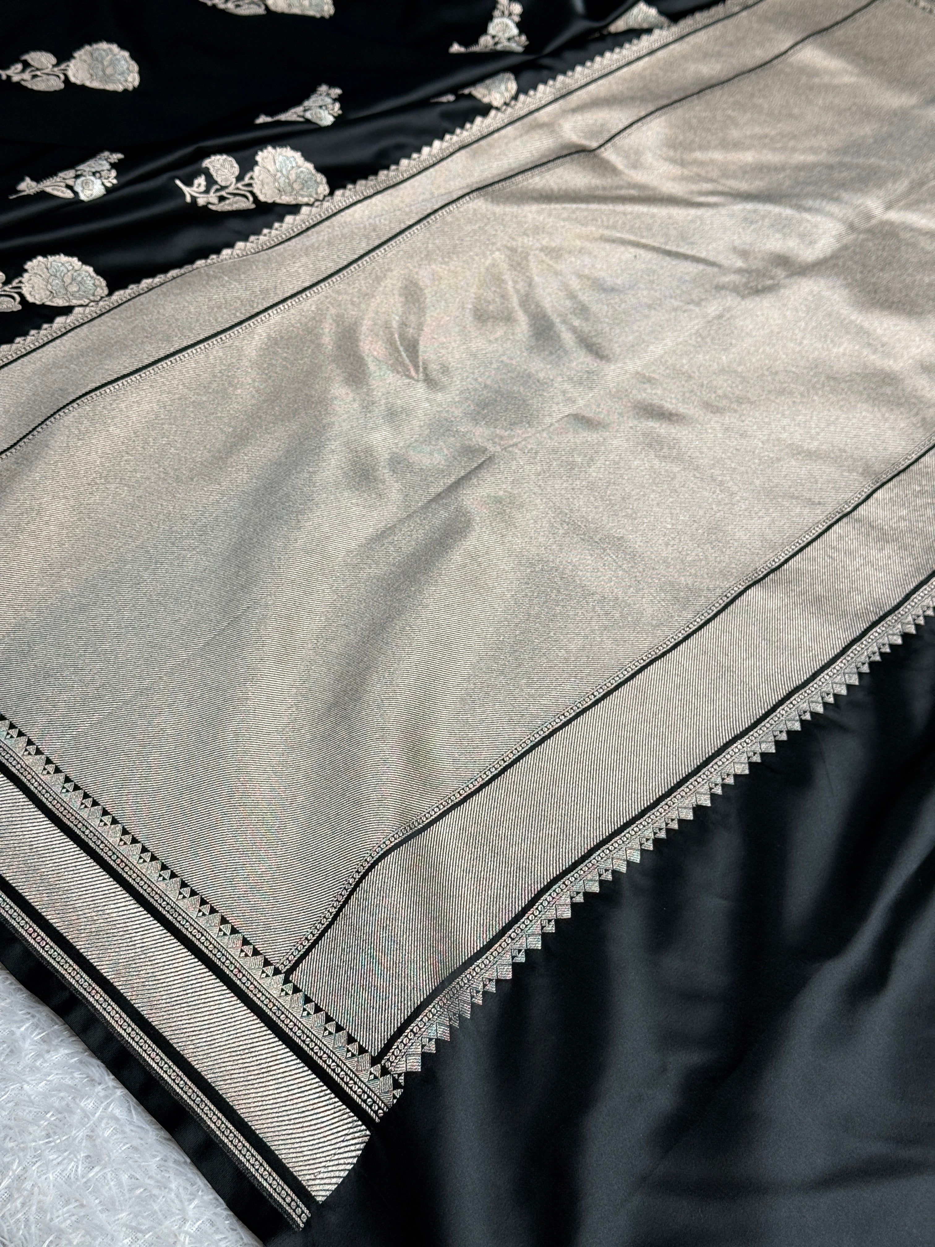 Black Mashru Kataan Silk Banarasi Saree with Silver Meena Weaving | MKS723