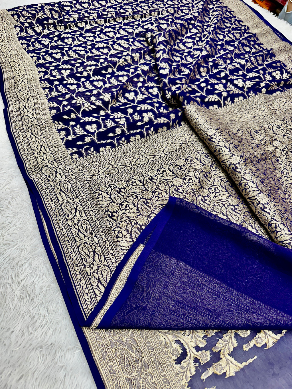 Pure Natural Silk Khaddi Georgette Saree – Blue | Jaal Woven Design VSG11