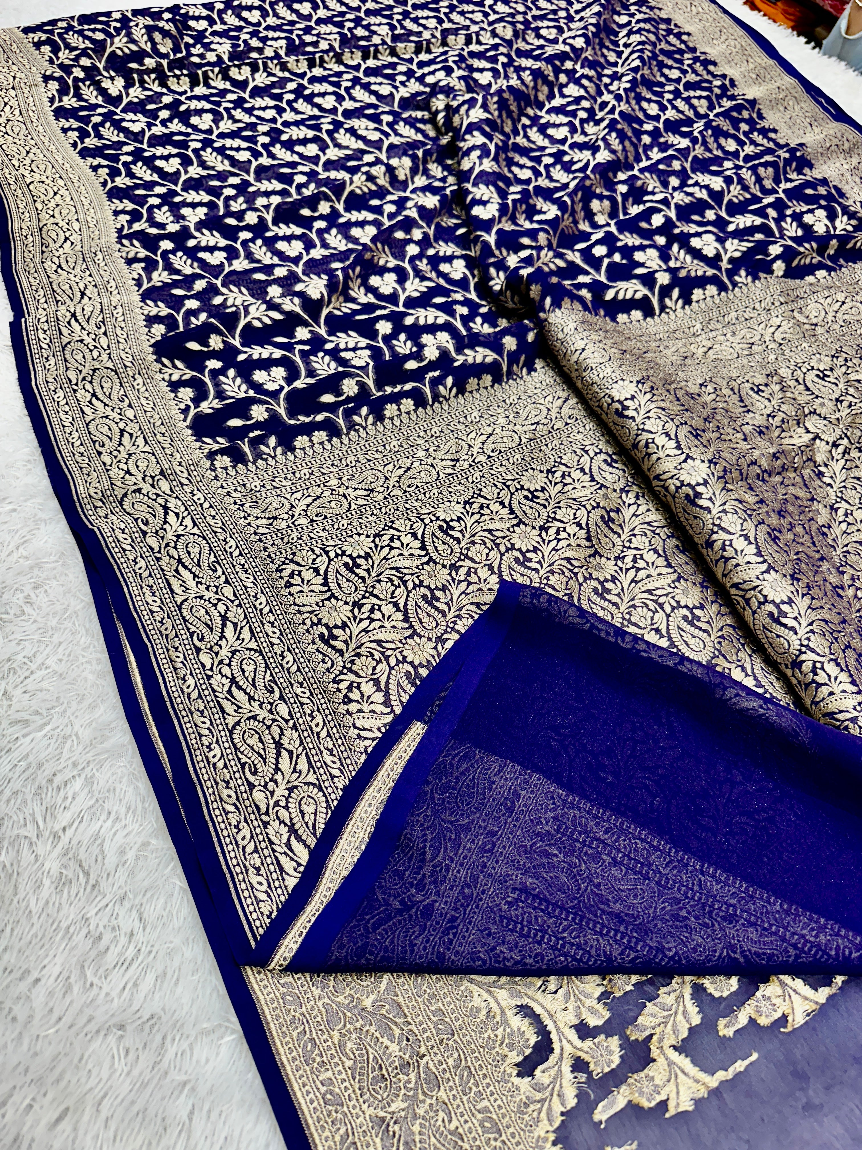 Pure Natural Silk Khaddi Georgette Saree – Blue | Jaal Woven Design VSG11