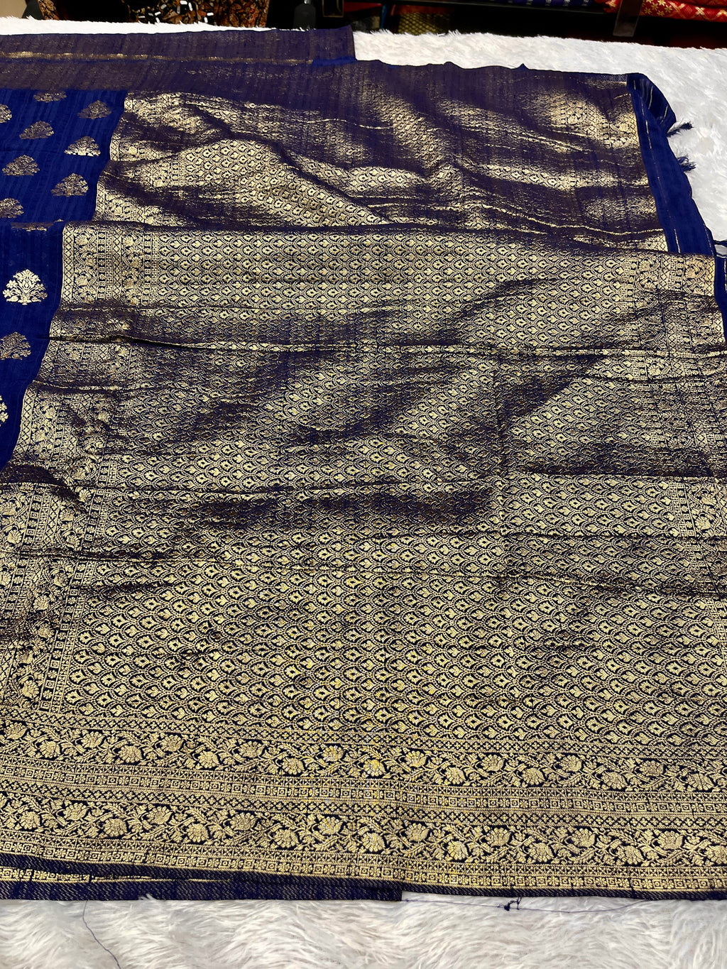 Raw Silk Zari Buta Navy blue  color Saree RS002