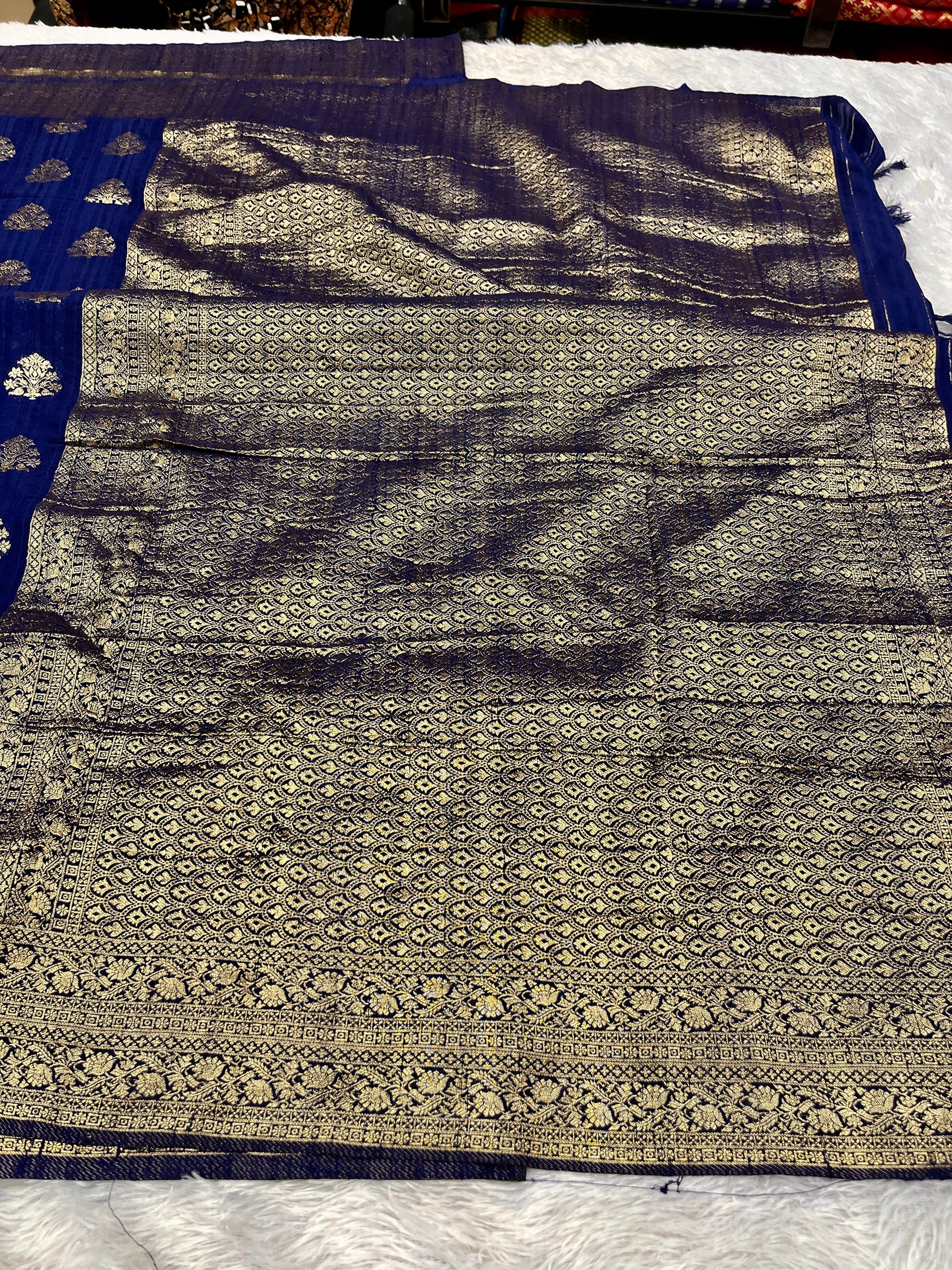 Raw Silk Zari Buta Navy blue  color Saree RS002