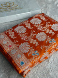Rusty Orange Mashru Kataan Silk Banarasi Saree with Meenakari Zari Jaal Design | MKS745