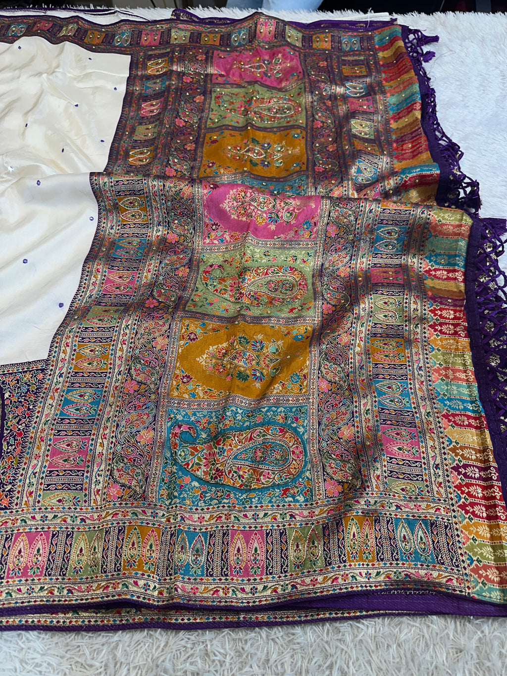Royal Cream Purple Modaal Silk Saree with Pashmina Woven Pallu & Fancy Handwork | MKS663