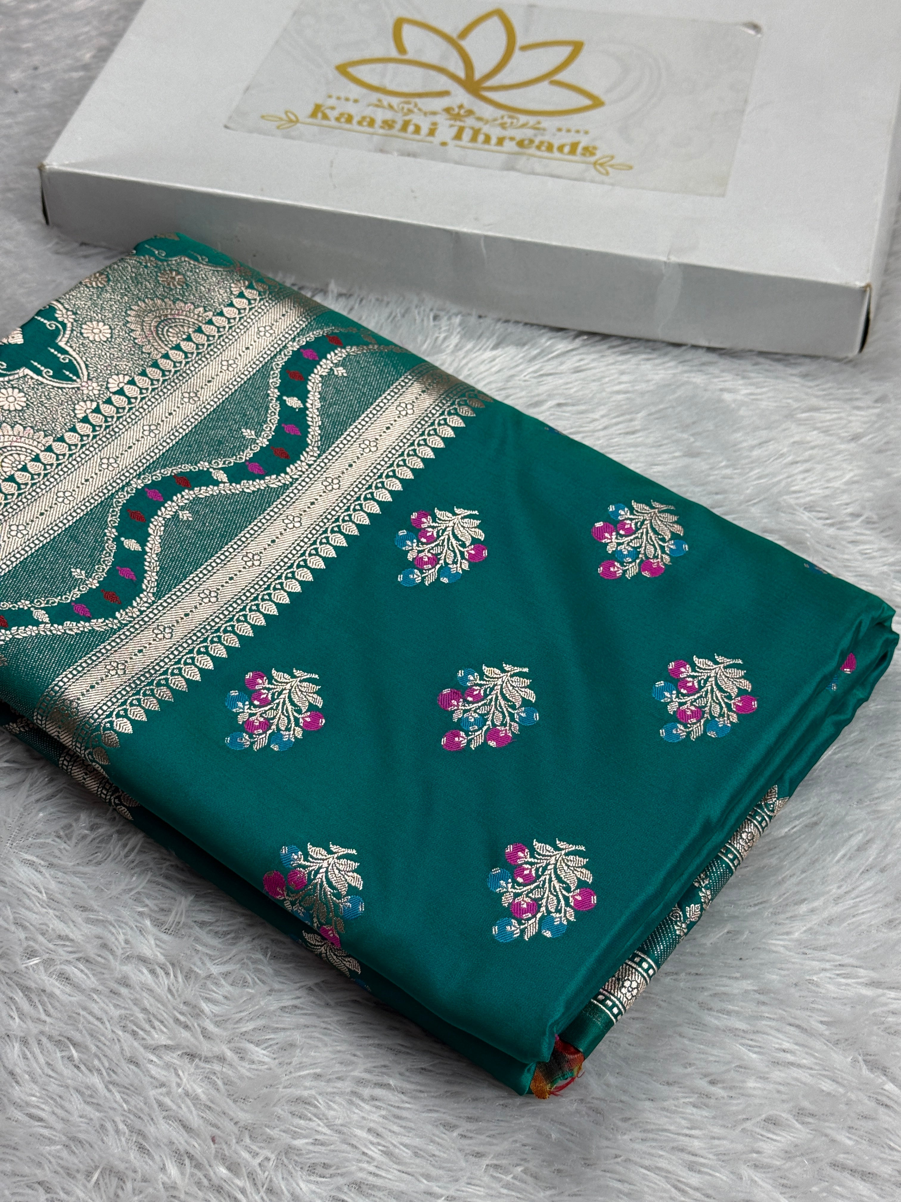 Sea Blue Buta Meenakari Banarasi Mashru Silk Saree | Satin Mashru Silk | Kaashi Threads | MKS514
