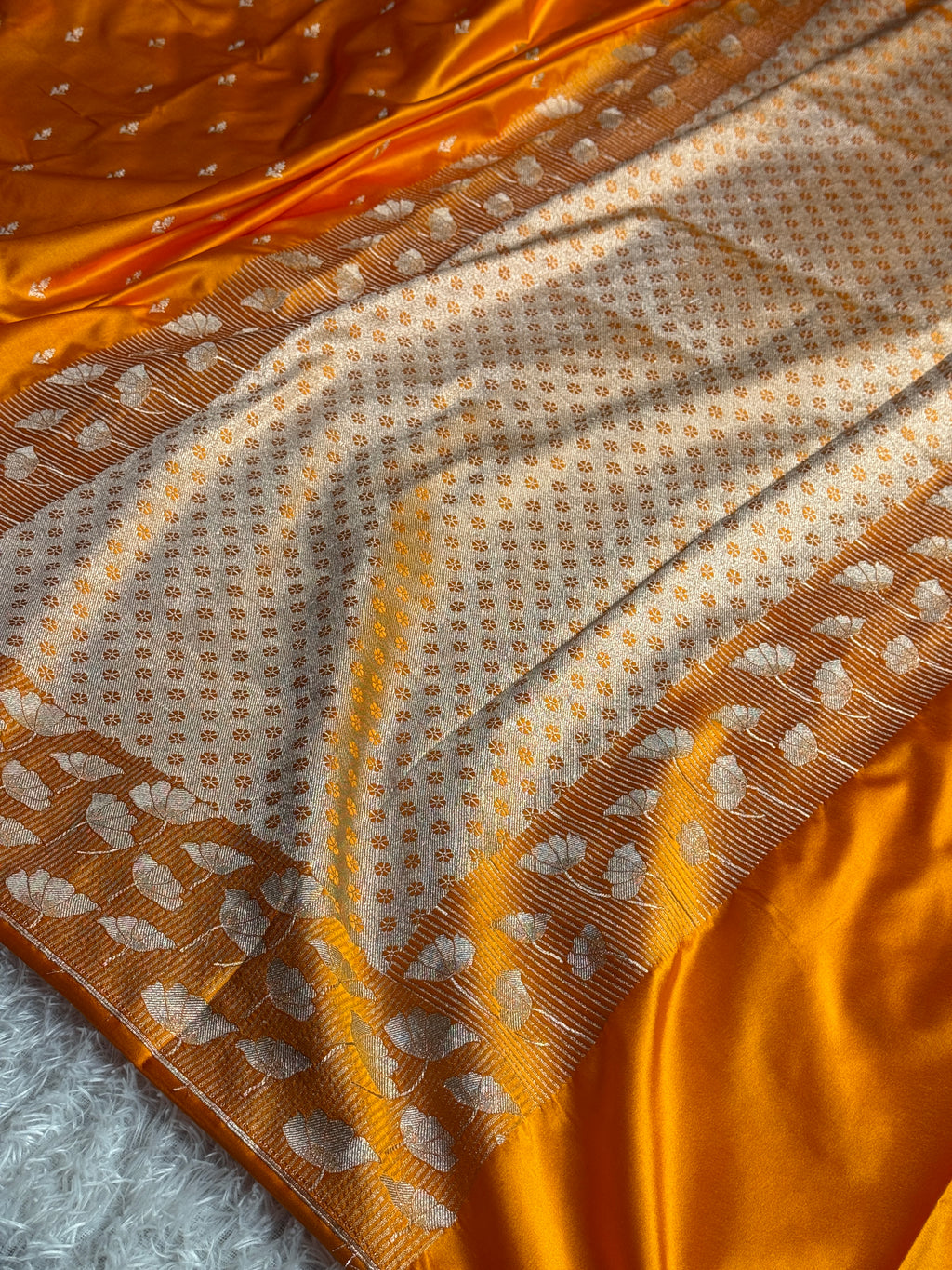 Mashru Kataan Silk Buta Woven Banarasi Saree with Fancy Woven Border – Yellow Orange | MKS596