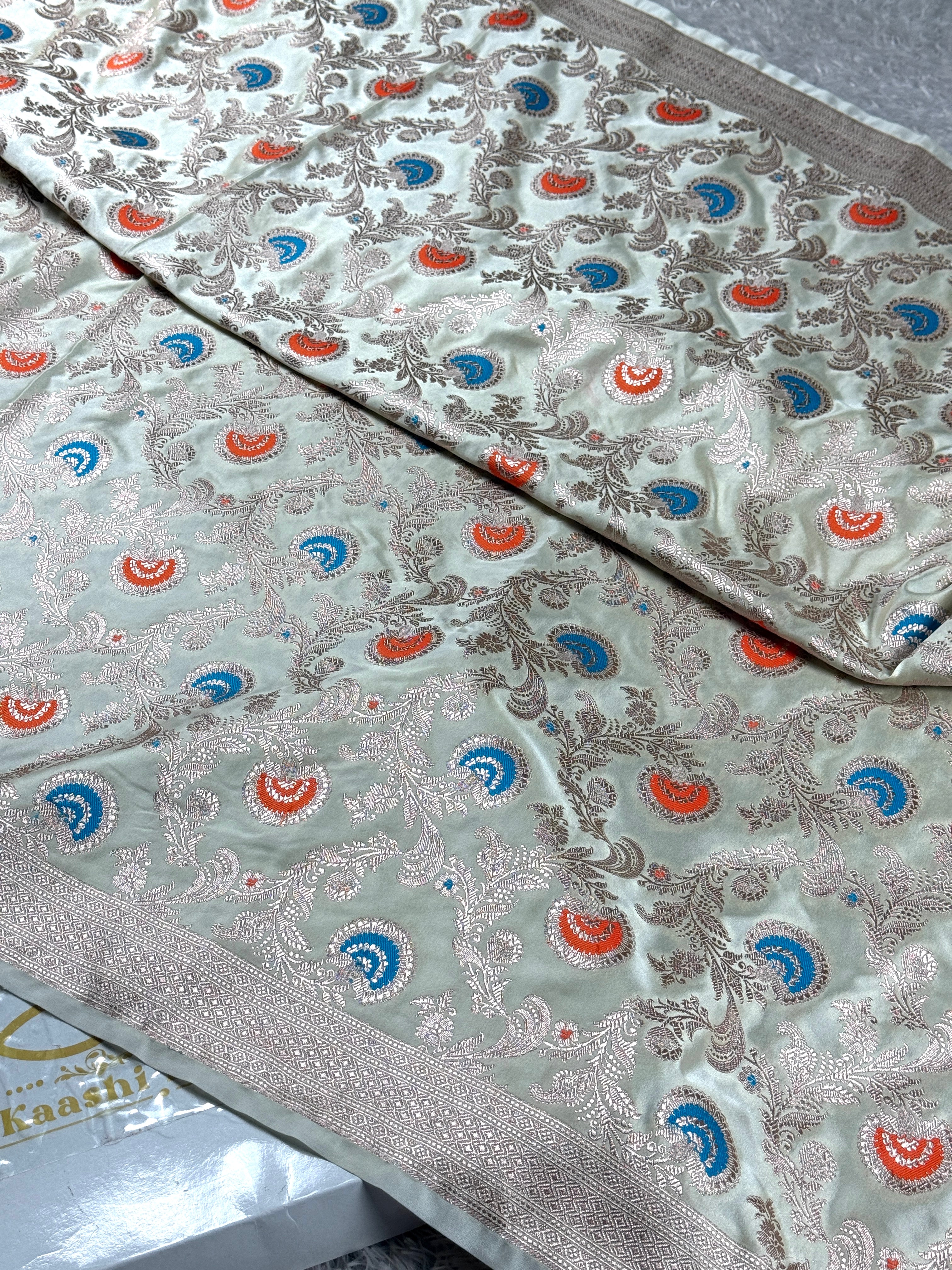 Beige Mashru Kataan Silk Saree with Meenakari Jaal Design & Rich Zari Pallu – MKS635