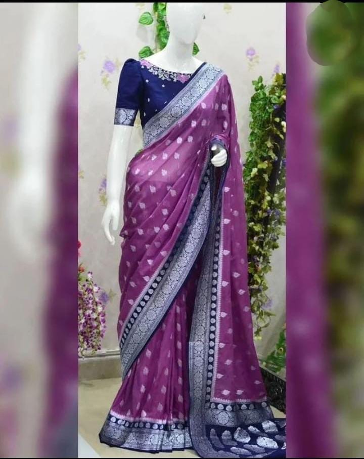 Semi Georgette Silk Saree with Leaf Buta & Rich Zari Pallu – SM61